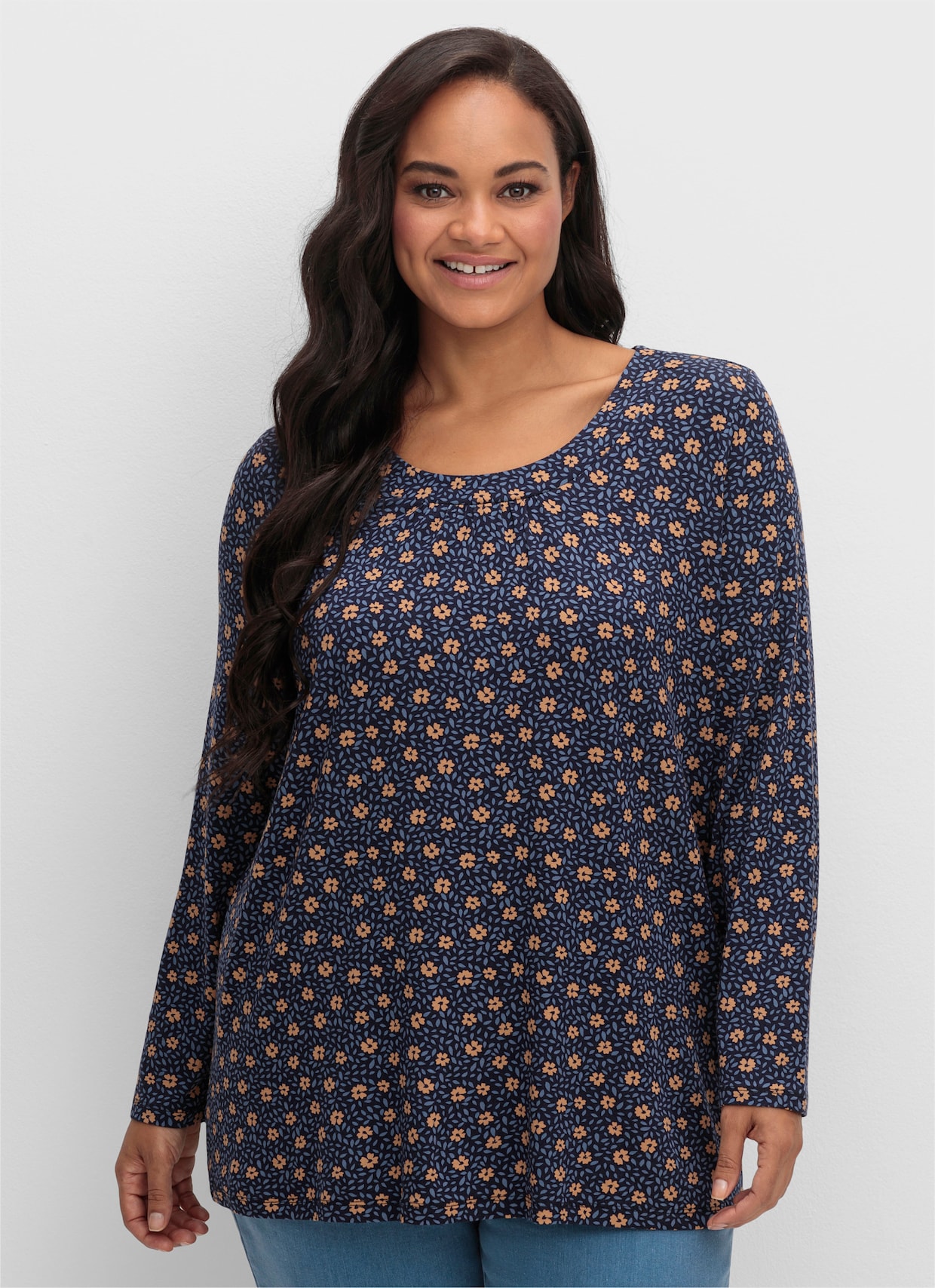 Tunikashirt in A-Form - marine-camel-bedruckt