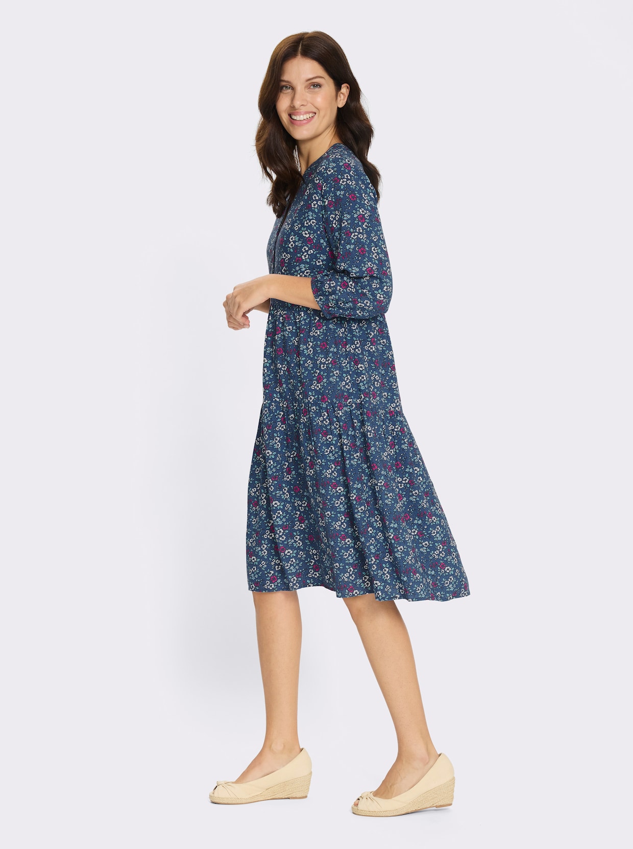 Stufenkleid mit 3/4-Ärmeln - jeansblau-fuchsia-bedruckt