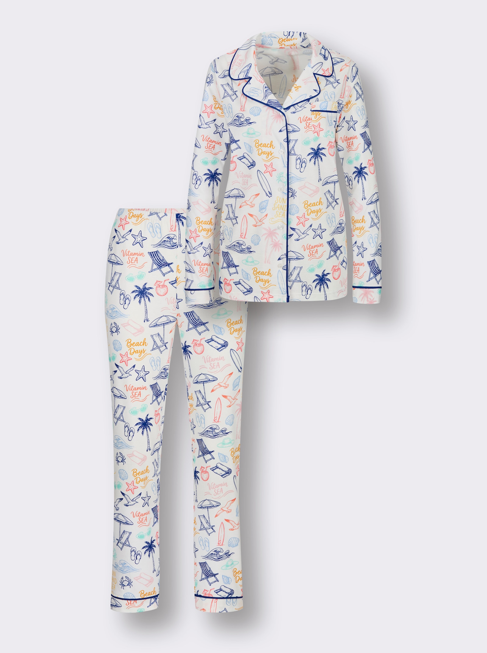 wäschepur Pyjama mit Muster-Print - ecru-royalblau-bedruckt