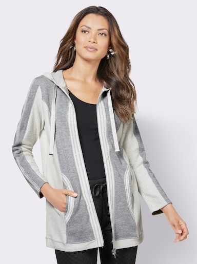 Shirtjacke in Longform - steingrau-ecru-gemustert
