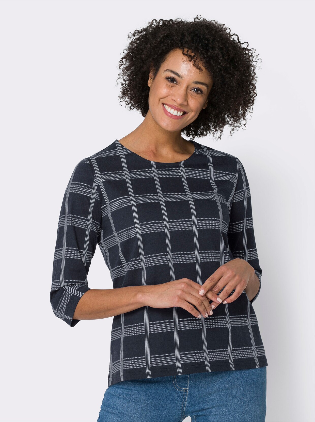 Shirt met 3/4-mouw - marine/ecru geruit