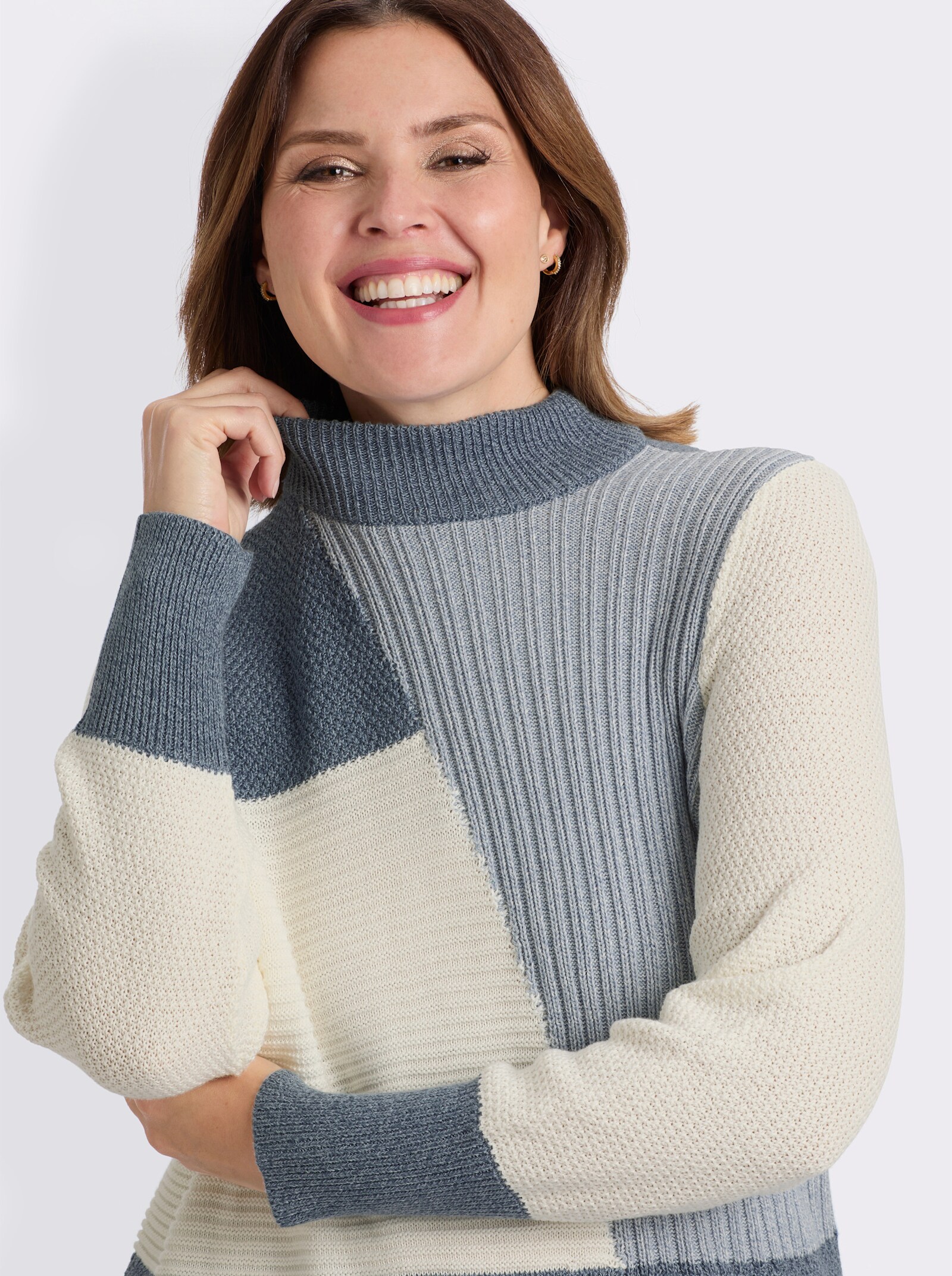 Langarm-Pullover mit Color-Blocking-Muster - rauchblau-ecru-meliert
