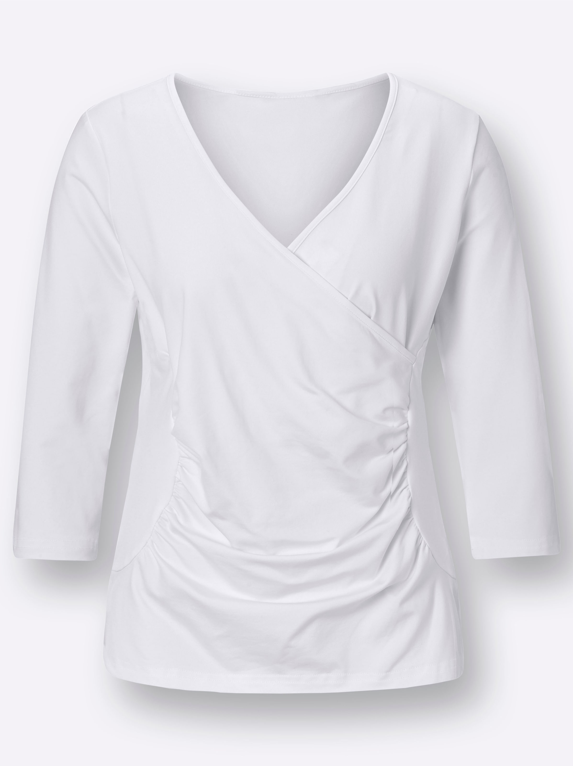 Shirt I günstig Kaufen-Wickelshirt in weiß von heine. Wickelshirt in weiß von heine <![CDATA[Unser Tipp: Greifen Sie bei dem Shirt in seidig weicher Tactel-Qualität sofort zu! Der V-Ausschnitt und die Raffungen im Vorderteil schmeicheln gekonnt der Figur und lassen k