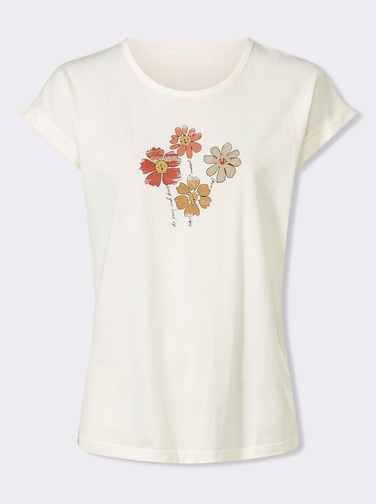 Rundhalsshirt mit überschnittenen Ärmeln - ecru-papaya