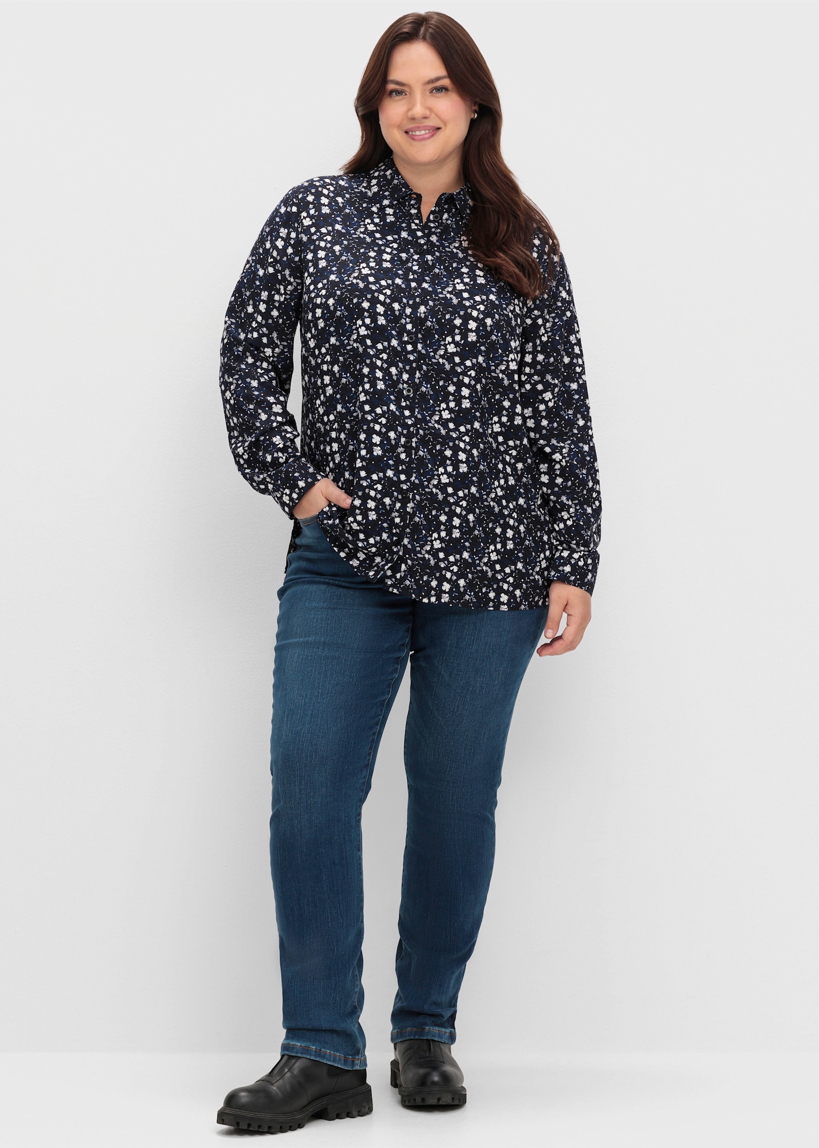 sheego Hemdbluse im Doppelpack - schwarz + schwarz-bedruckt