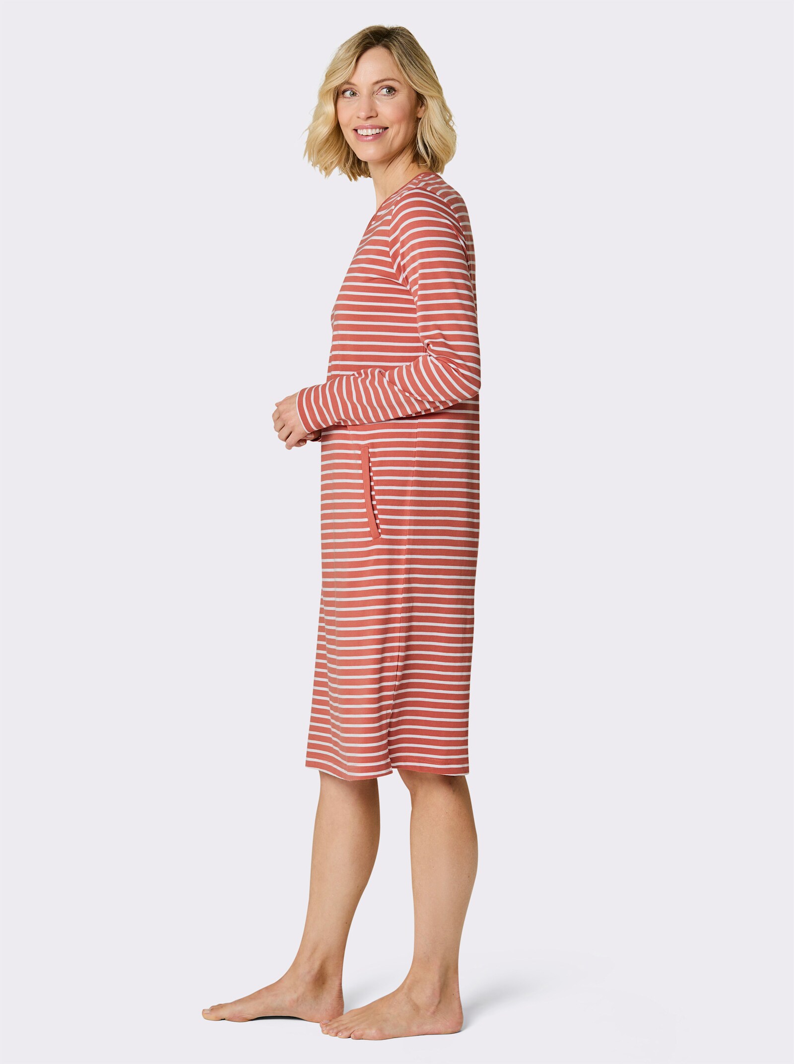wäschepur Sleepshirt mit 2 Taschen - papaya-weiß-geringelt
