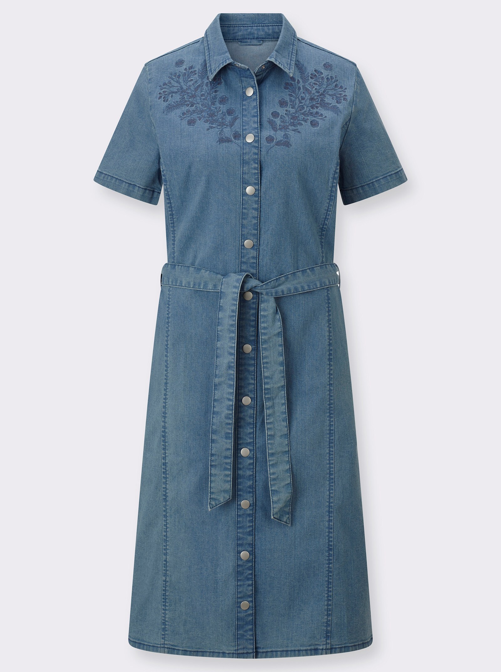 Jeanskleid mit floraler Stickerei - blue-bleached
