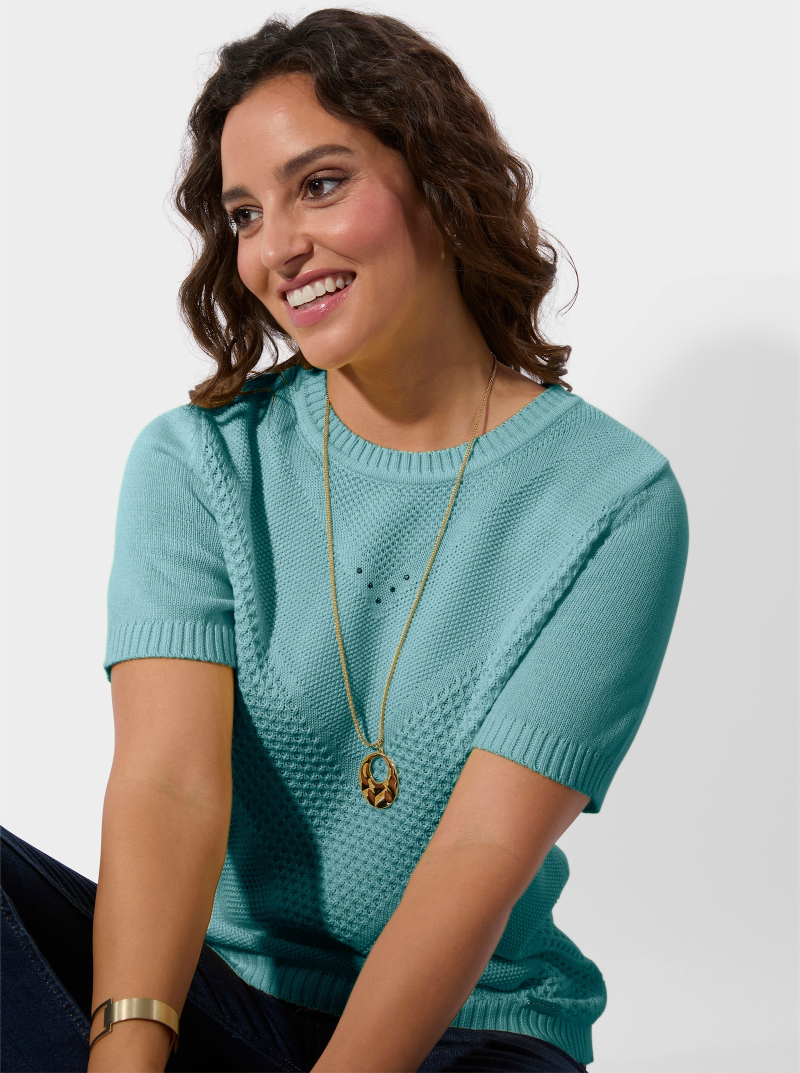 Kurzarmpullover mit Metallstein-Verzierung - aquamarin