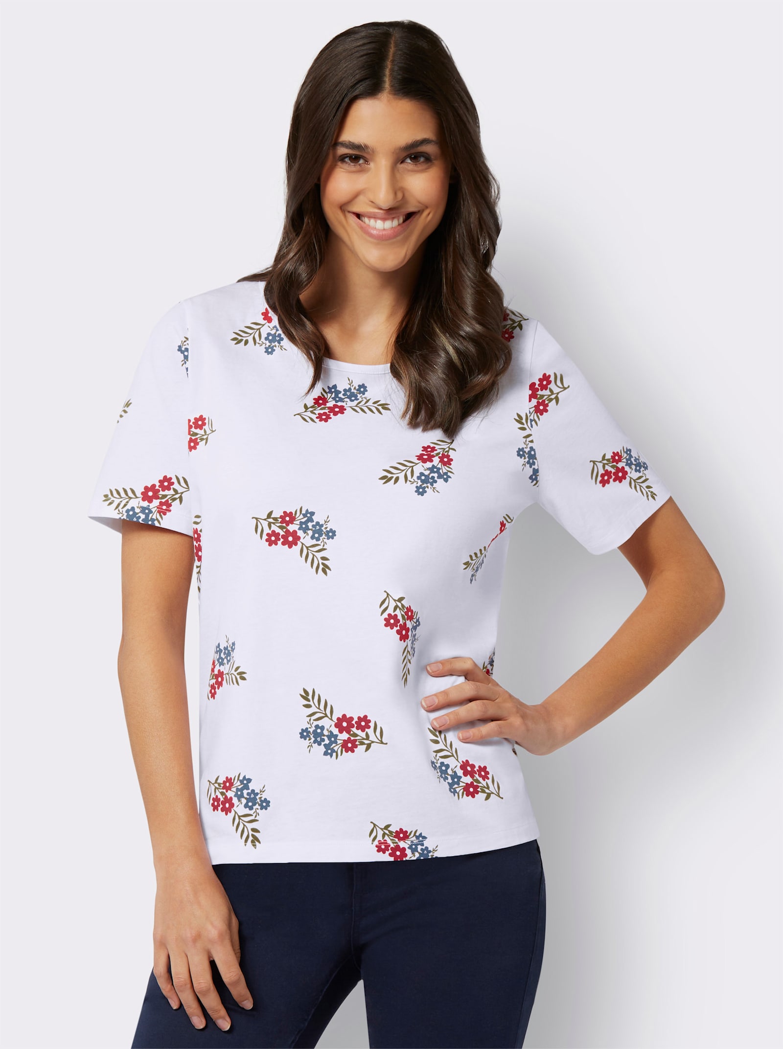 Kurzarmshirt mit Blütendruck - weiß