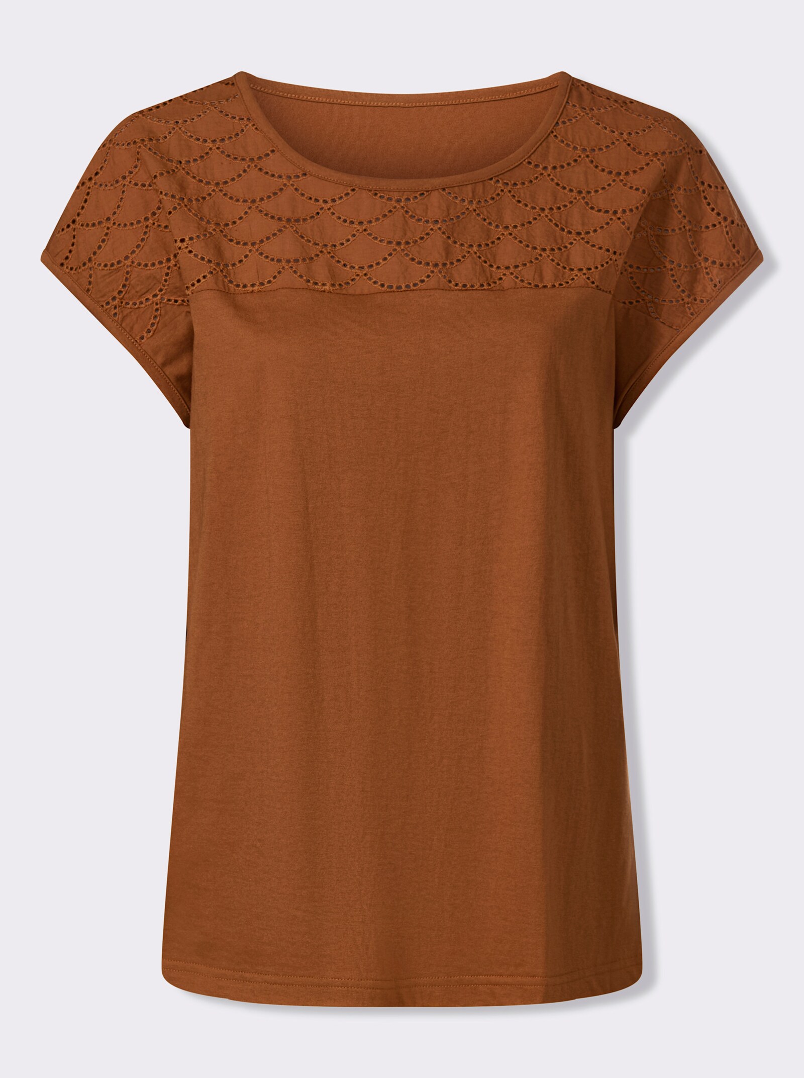 Kurzarmshirt mit Lochstickerei-Einsatz - cognac