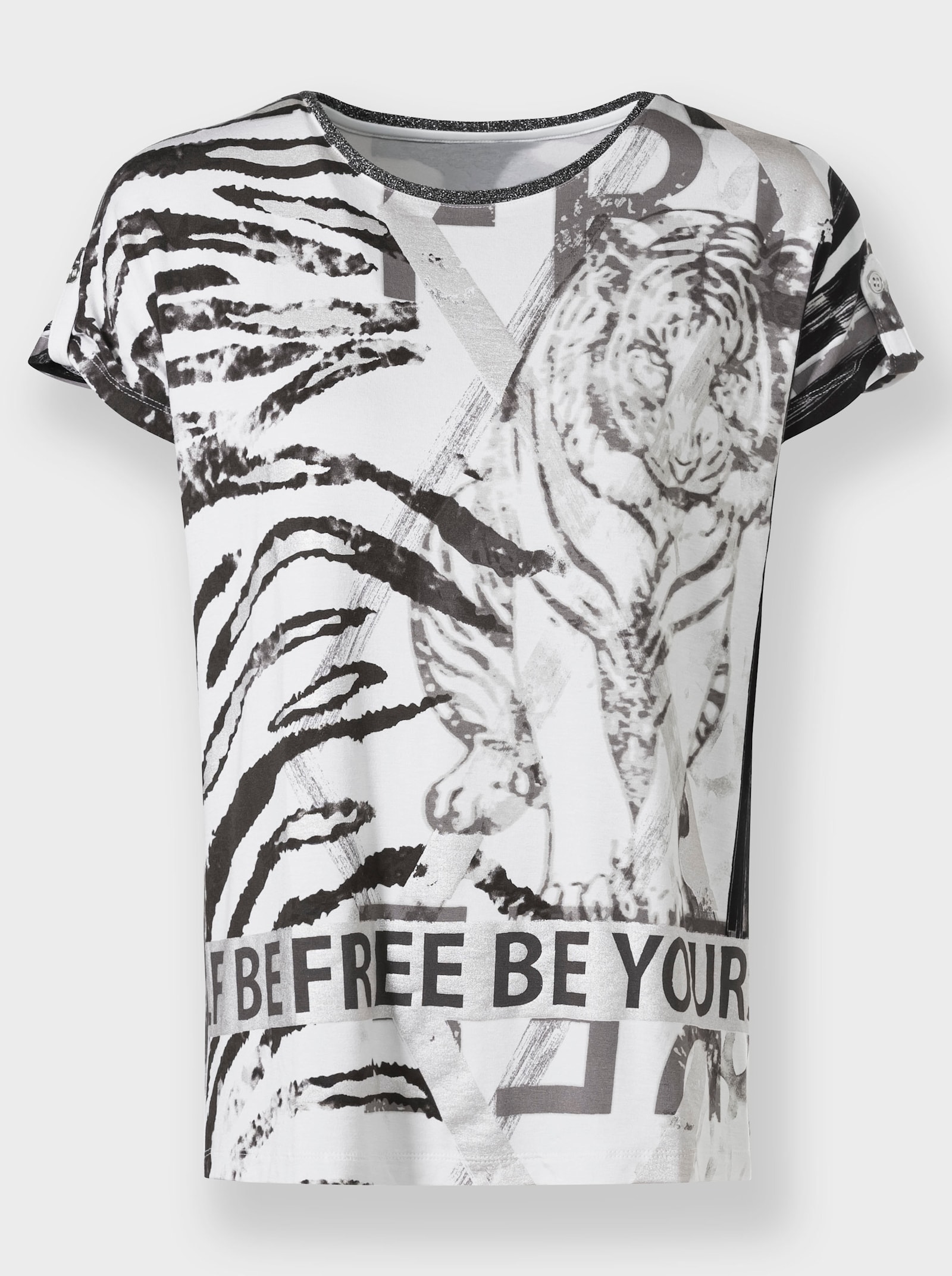 heine Kurzarmshirt mit Glitzergarn am Ausschnitt - weiß-schwarz-bedruckt