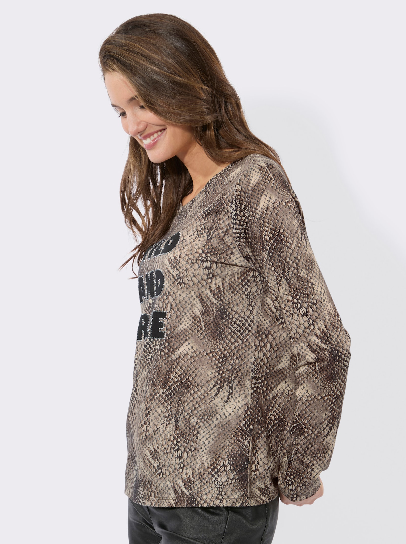 Langarmshirt mit schimmerndem Schriftzug - dunkeltaupe-braun-bedruckt