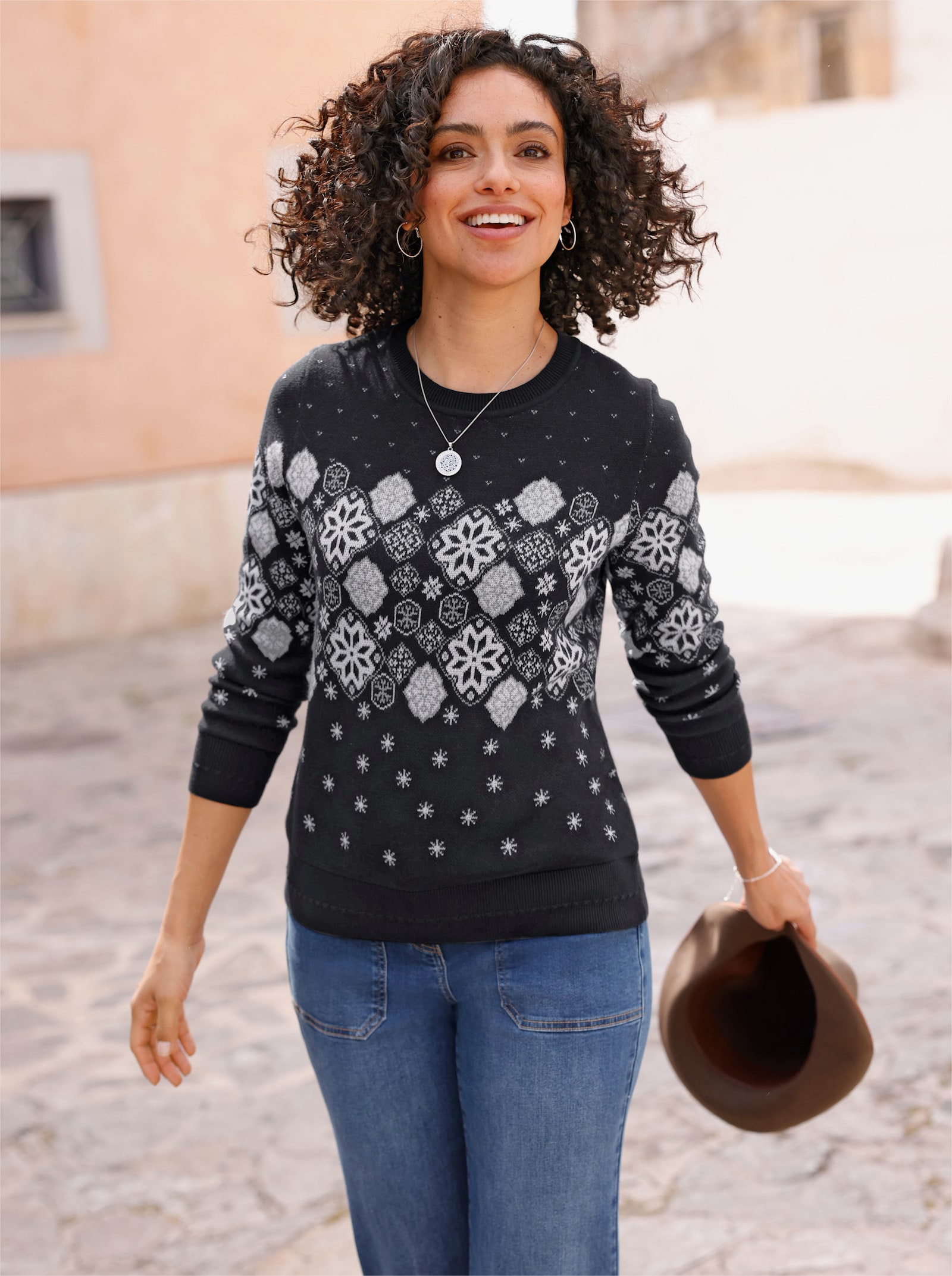 Jacquard-Pullover mit Schneeflocken-Muster - schwarz-gemustert