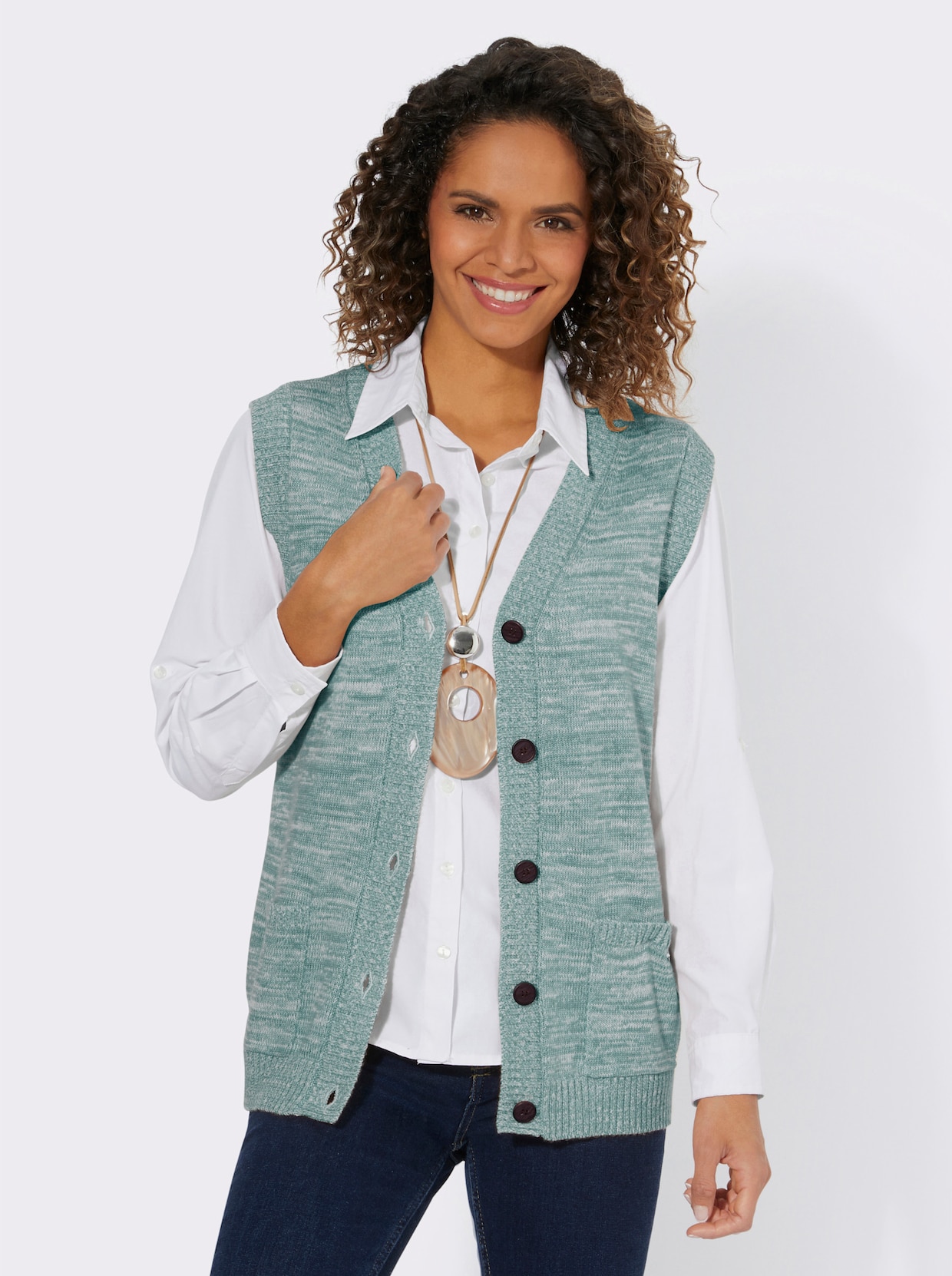 Mouwloos vest - jade/ecru gemêleerd