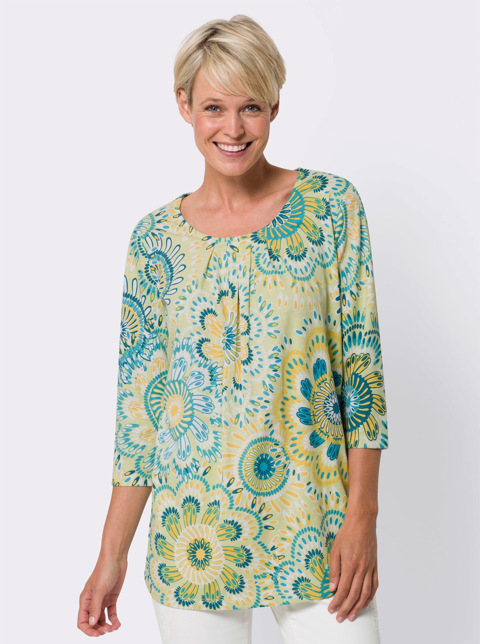 Longshirt in leichter A-Linie - pistazie-türkis-bedruckt