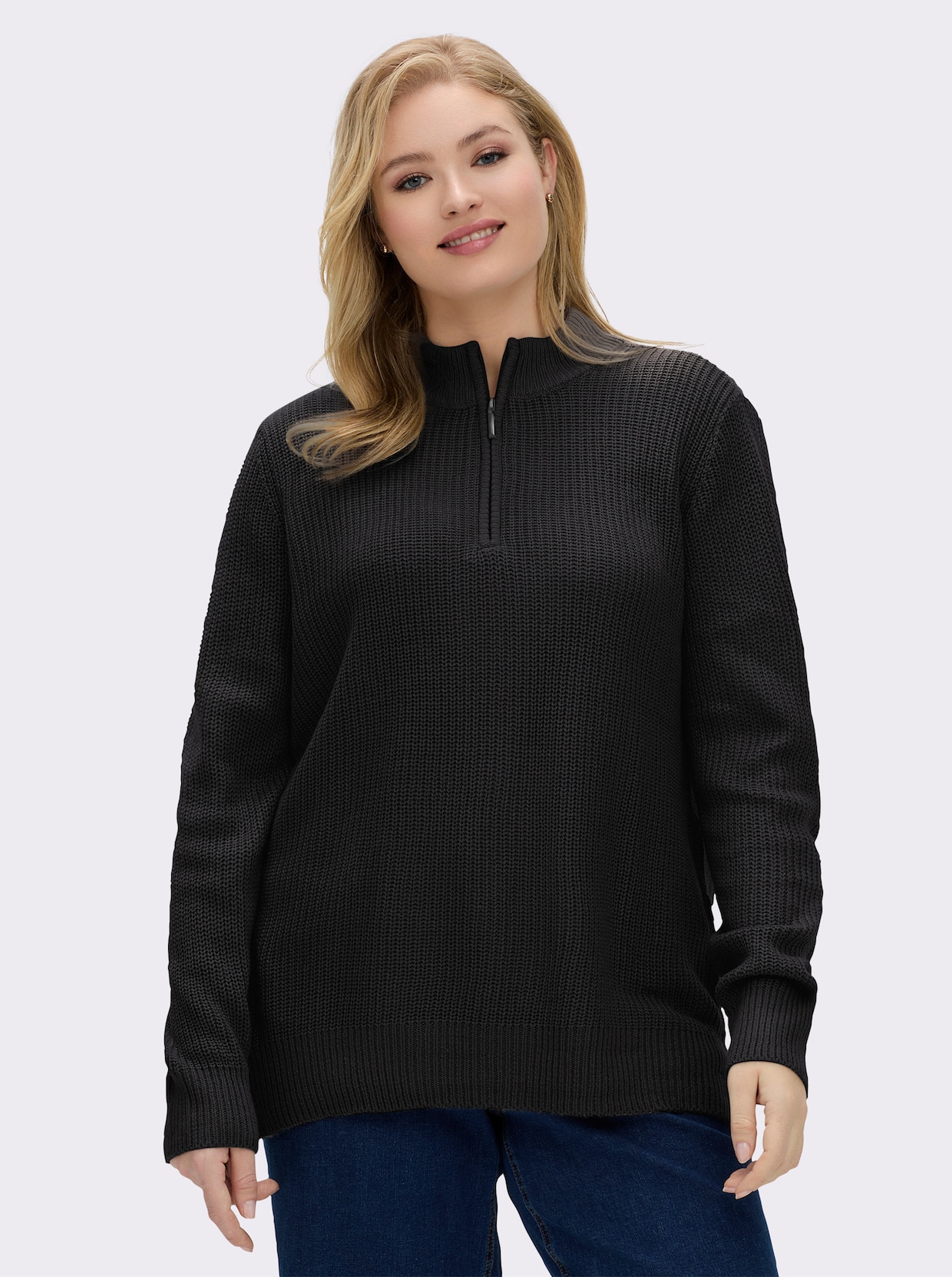 Stehkragenpullover in Patentstrick - schwarz