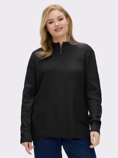 Stehkragenpullover in Patentstrick - schwarz