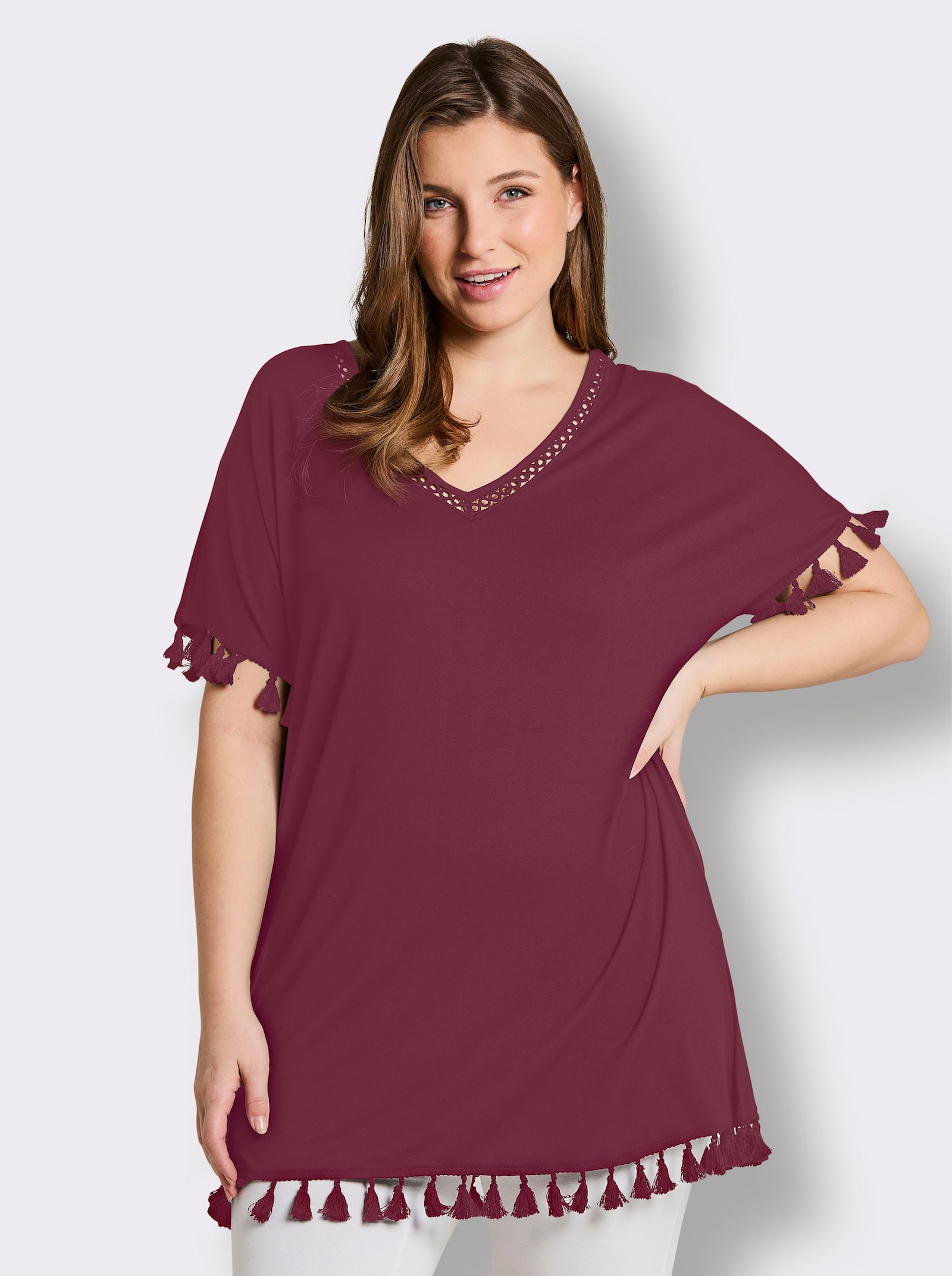 sheego Longshirt mit Quasten - bordeaux