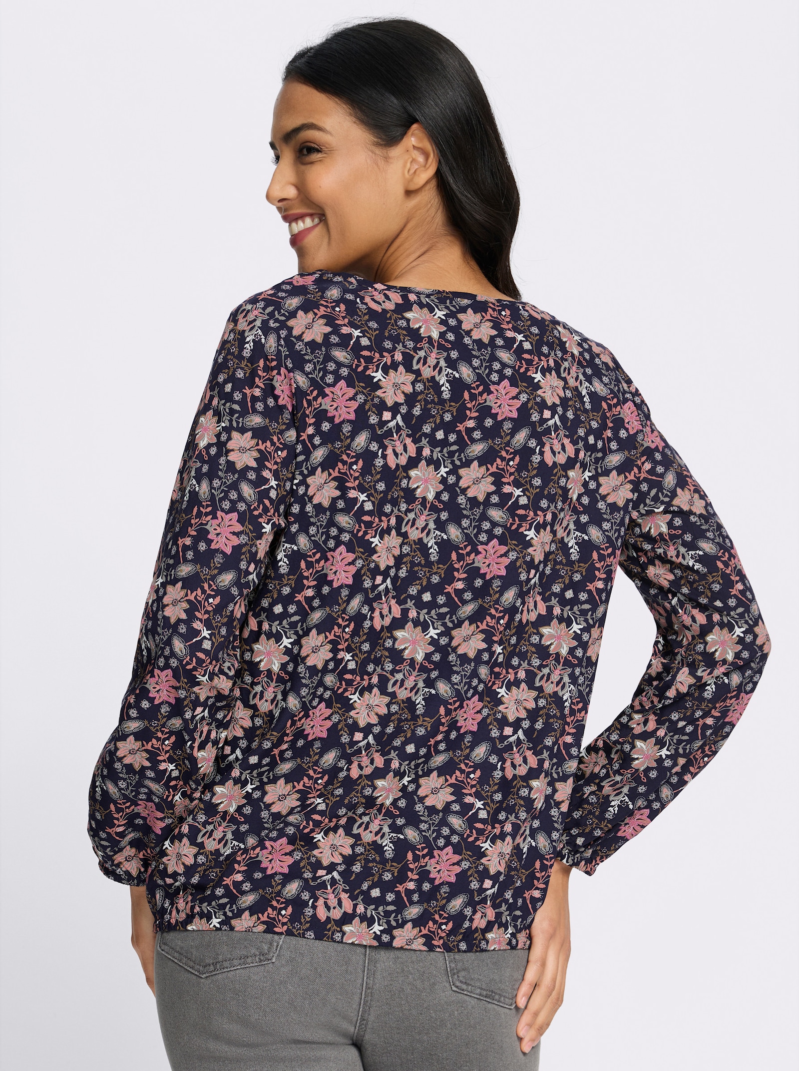 Schlupfbluse mit Raffung am Ausschnitt - marine-rosenquarz-bedruckt