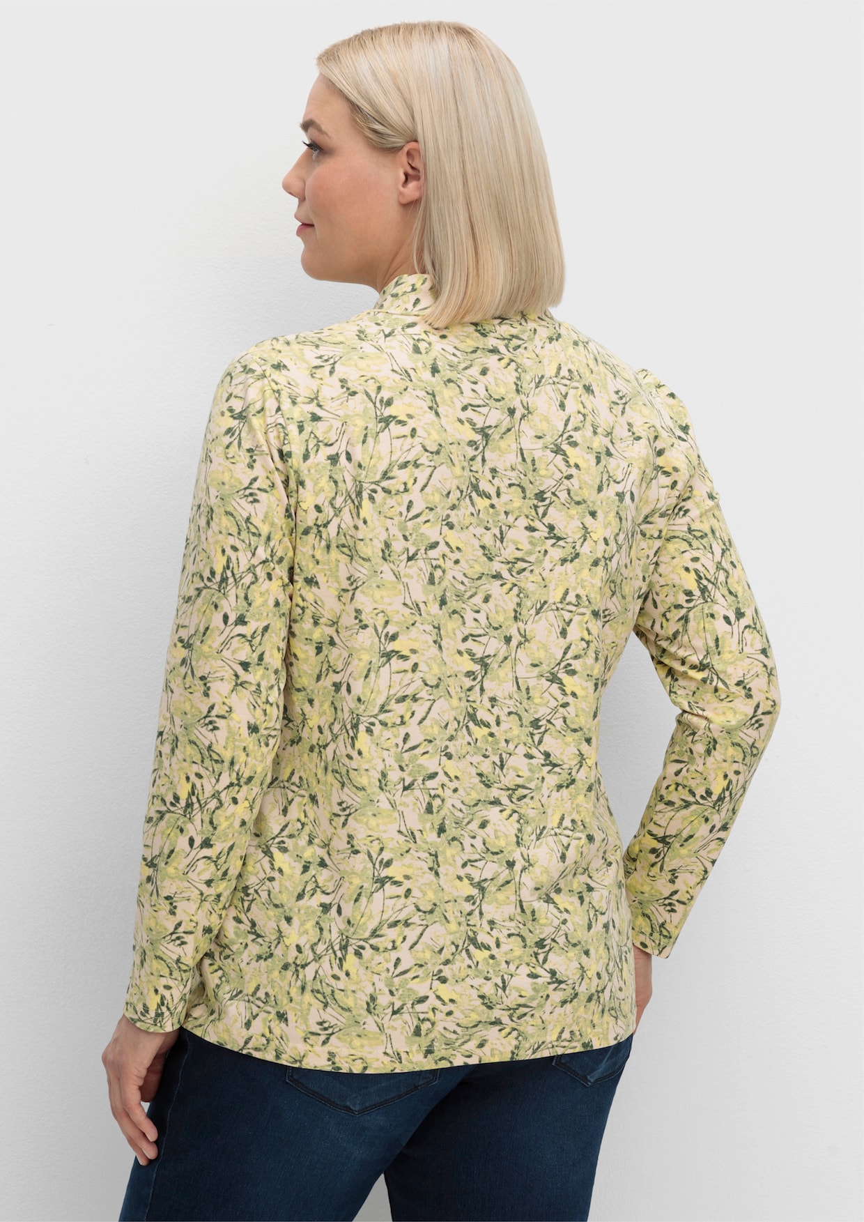 Stehkragenshirt mit floralem Druck - lindgrün-zitrone-bedruckt