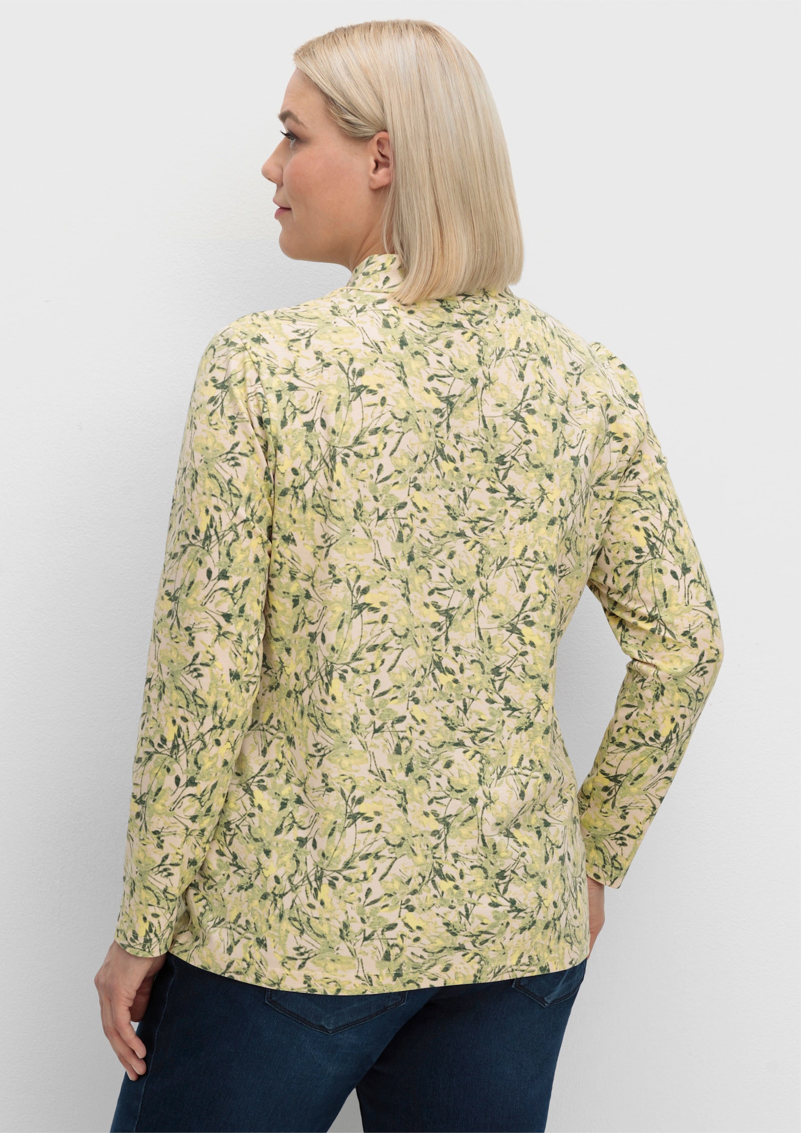 Stehkragenshirt mit floralem Druck - lindgrün-zitrone-bedruckt