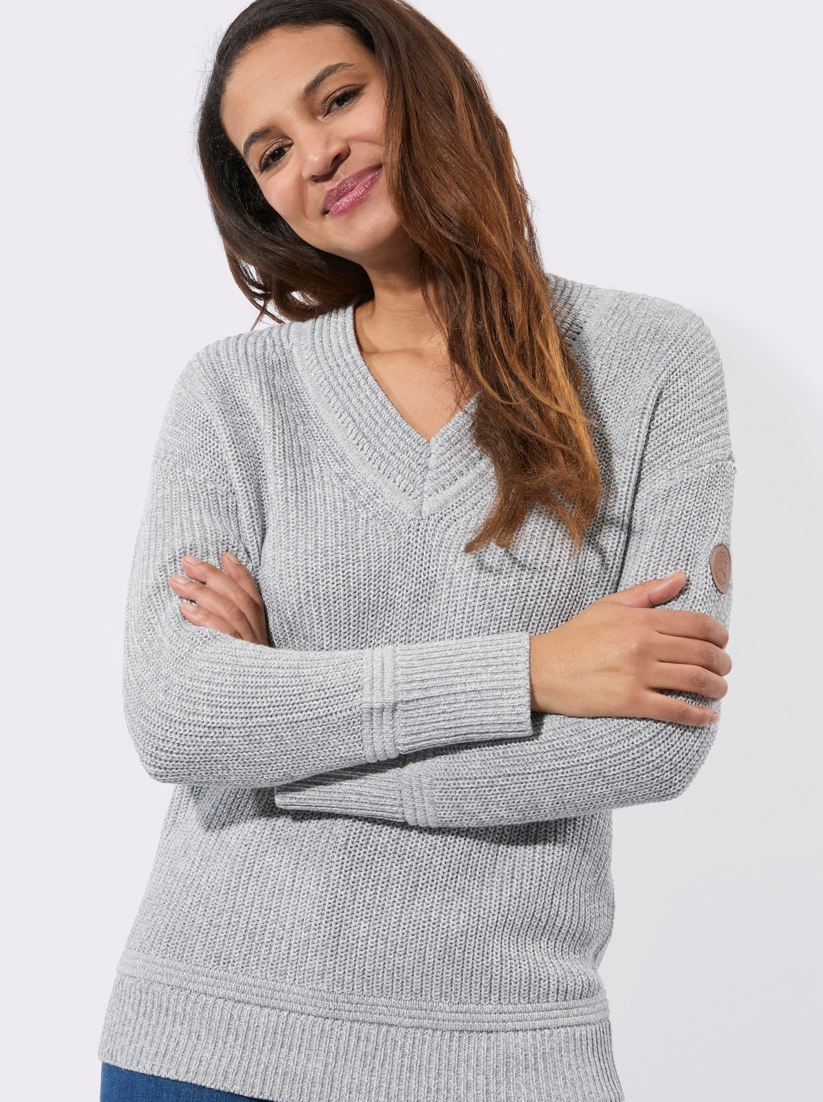 V-Ausschnitt-Pullover - steingrau-ecru-meliert