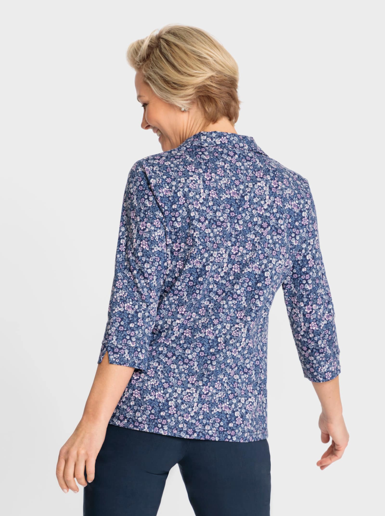 Poloshirt met bloemdessin - marine/hortensia bedrukt