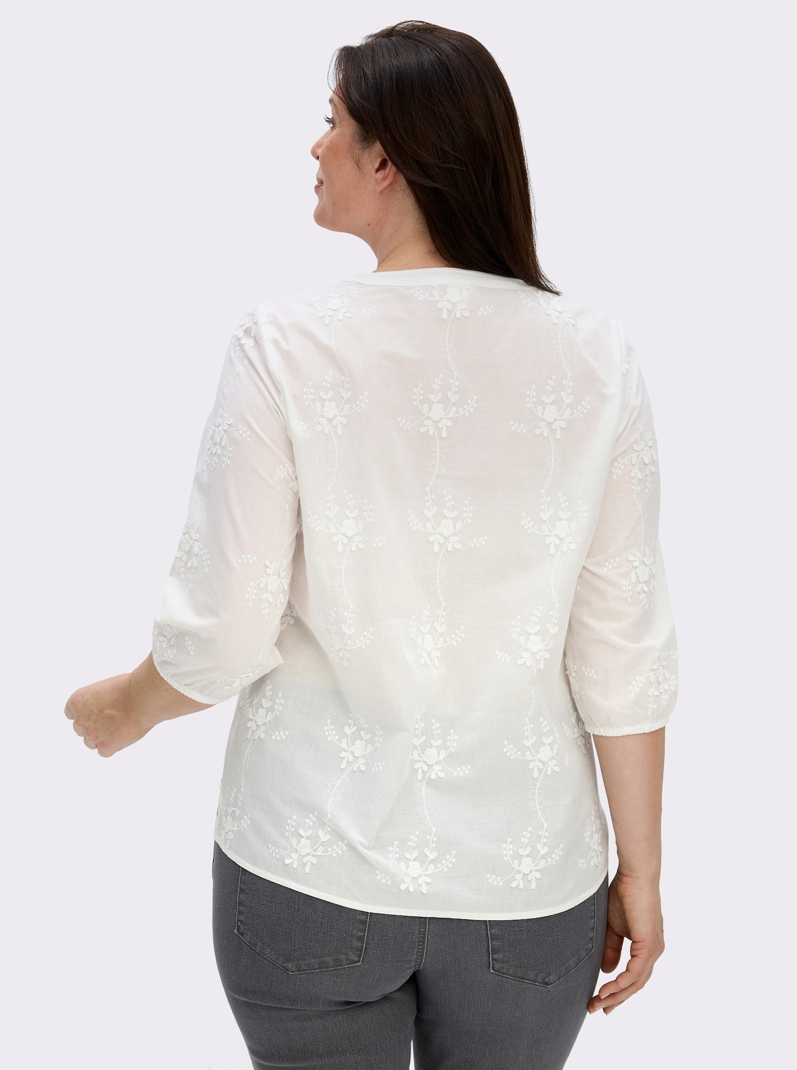 Baumwollbluse mit 3D-Blütenstickerei - ecru