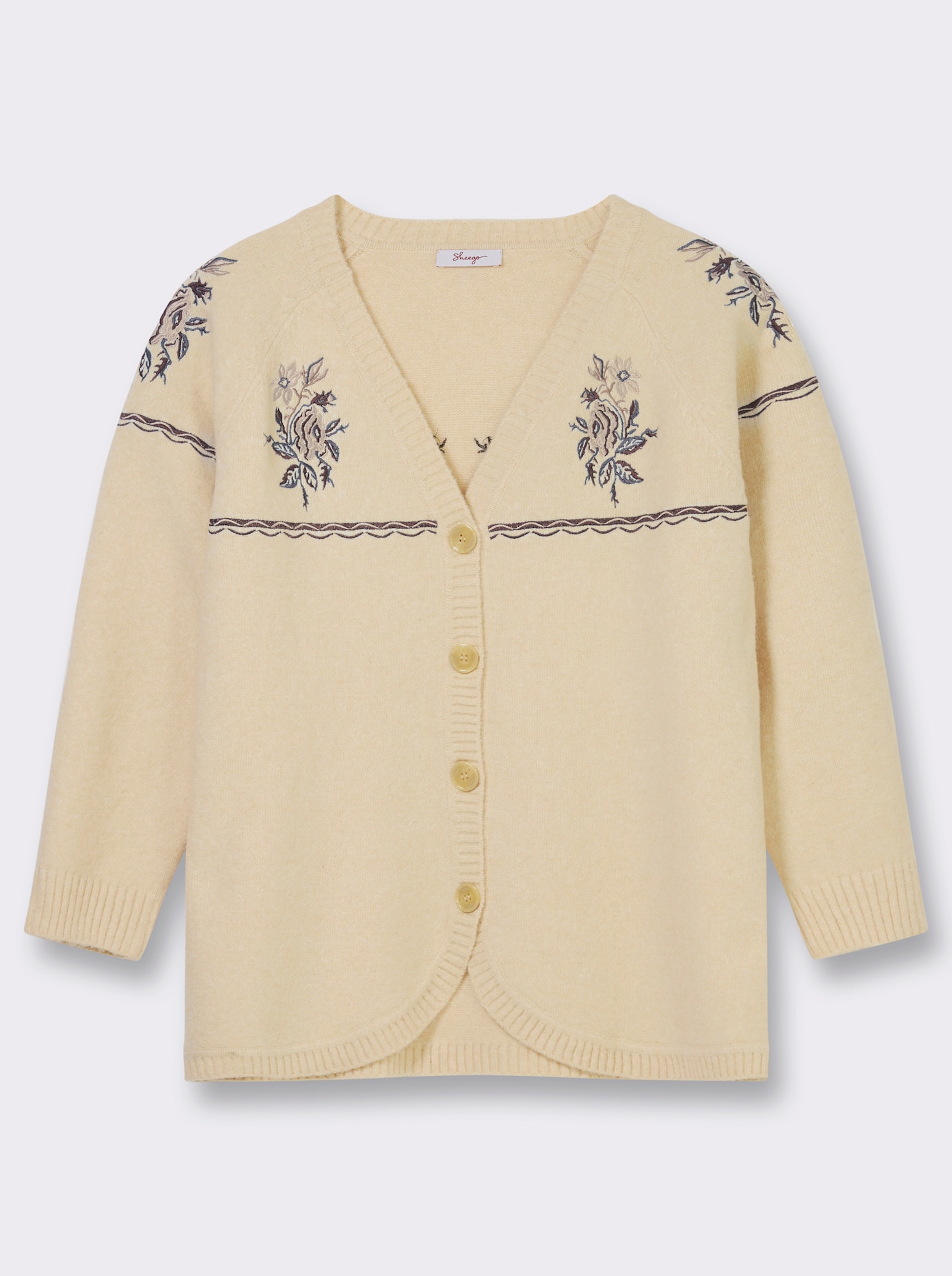 sheego Strickjacke mit floralem Intarsienmuster - elfenbein-braun-gemustert