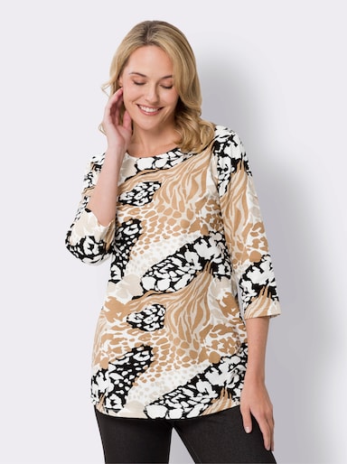 Rundhalsshirt in A-Form, bedruckt - sand-schwarz-bedruckt