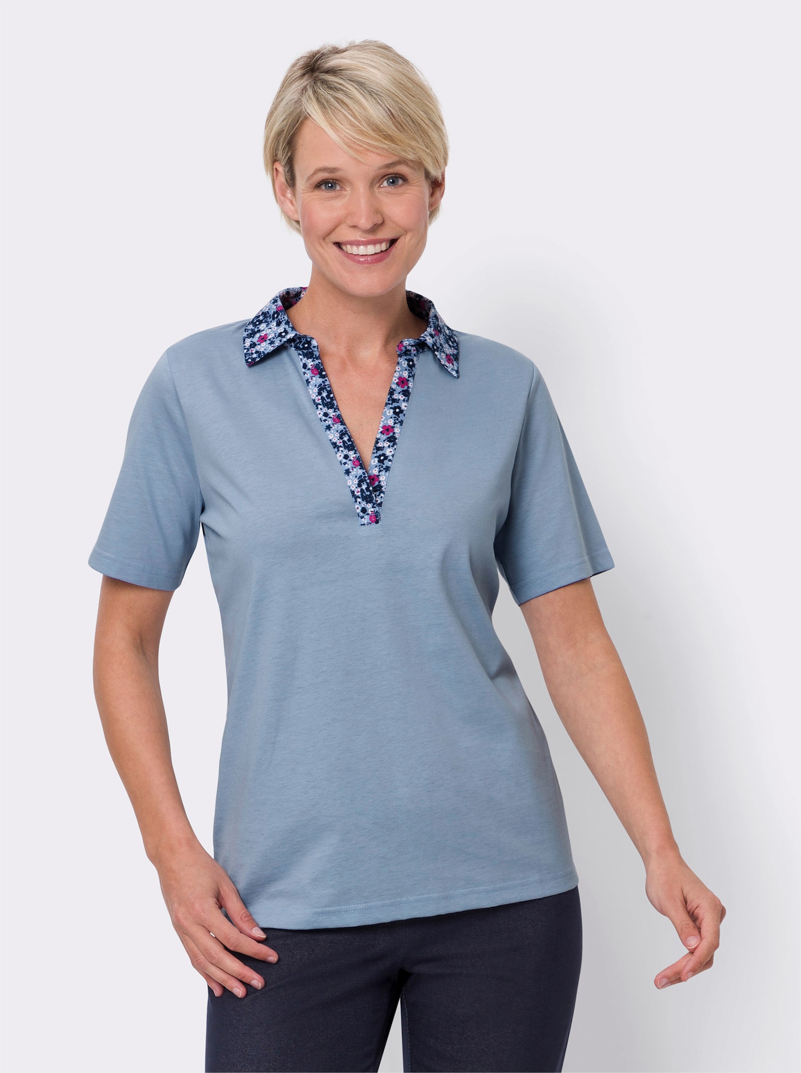 Kurzarmshirt mit Polokragen - jeansblau