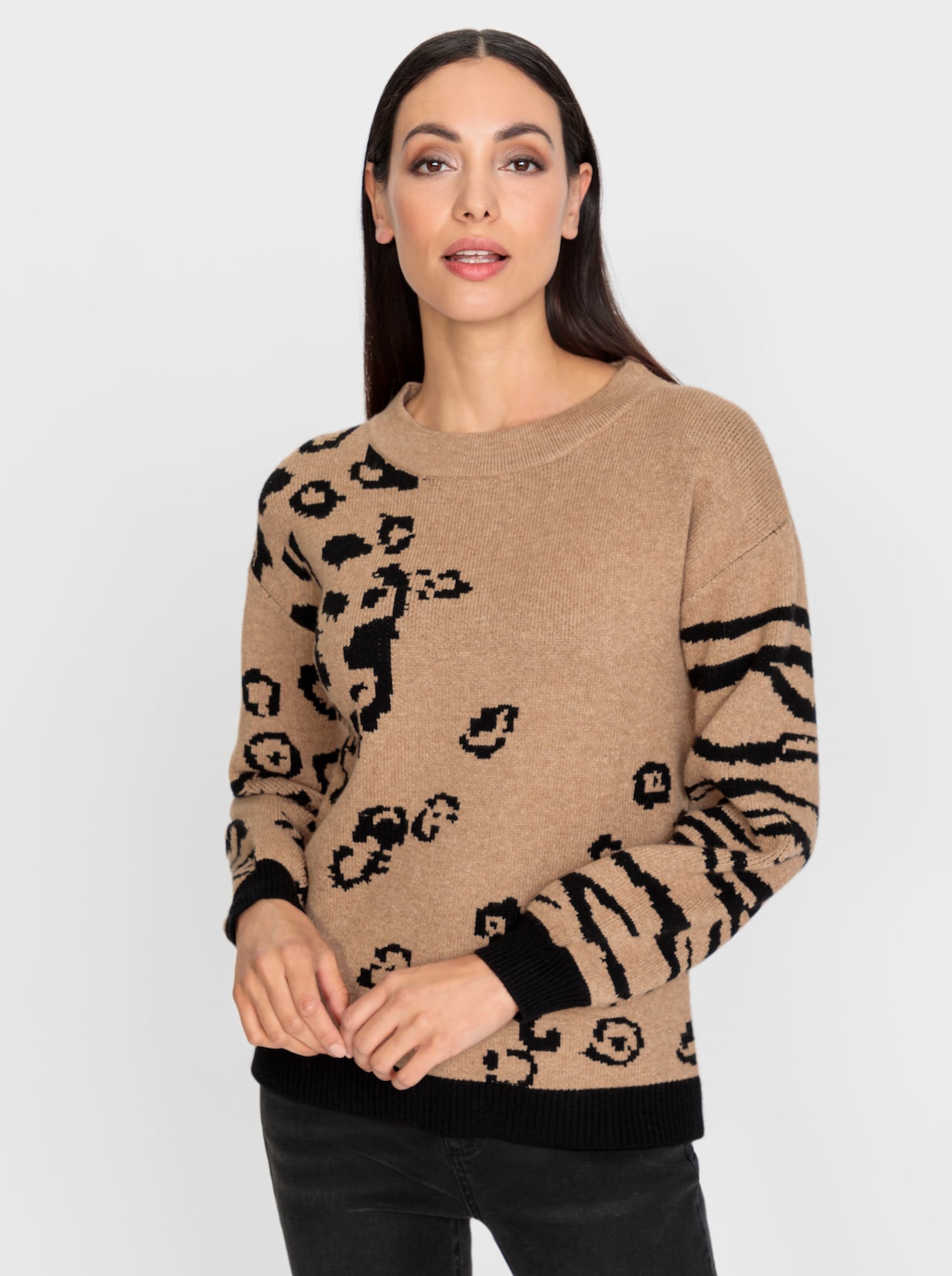 heine Pullover van jacquard - camel/zwart gedessineerd