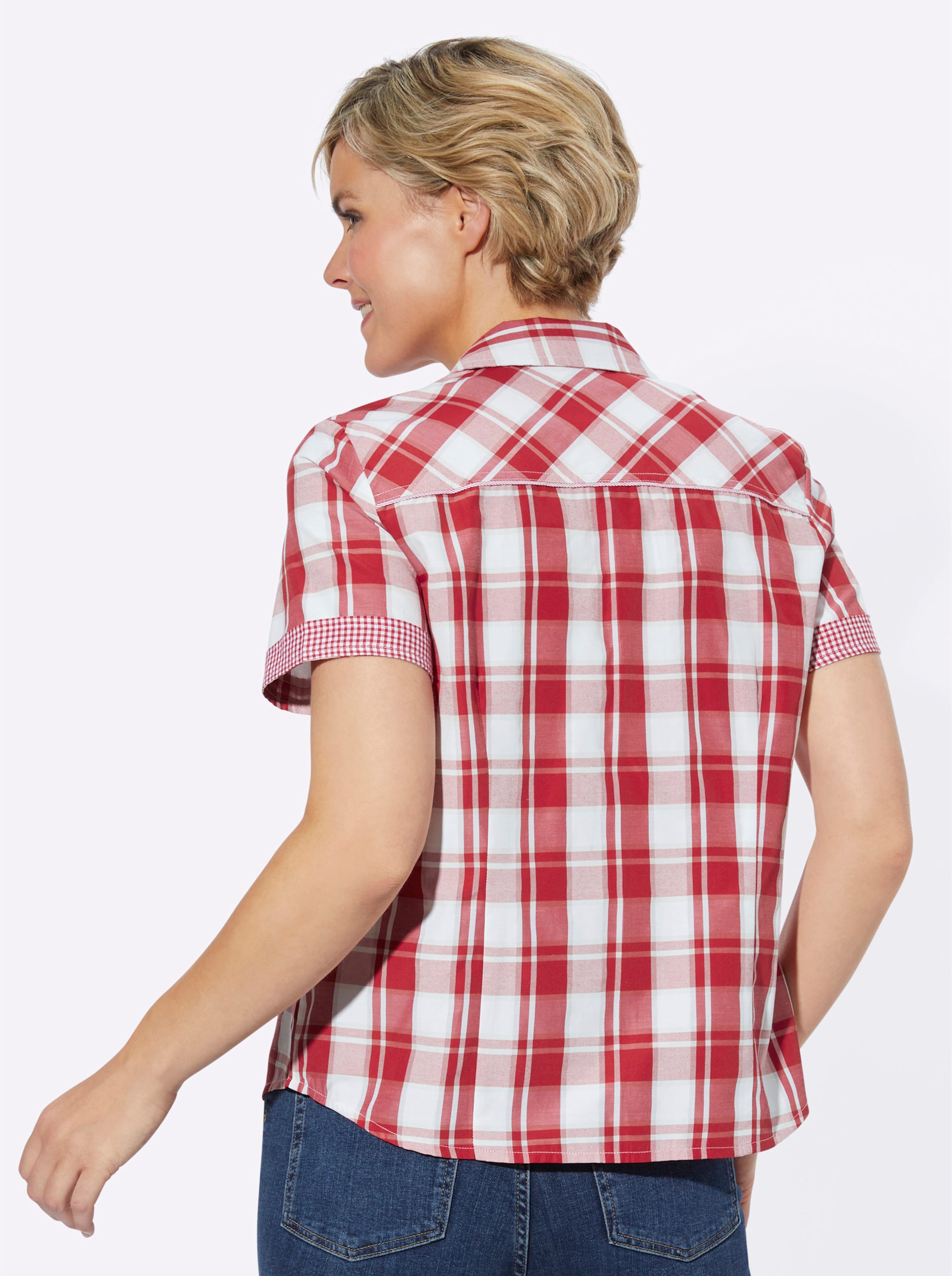 Tasche Set günstig Kaufen-Bluse in rot-ecru-kariert von heine. Bluse in rot-ecru-kariert von heine <![CDATA[Lässige Bluse im hochwertig gewebten Karomuster. Mit Hemdkragen, durchgehender Knopfleiste und aufgesetzten Brusttaschen. Der Saum ist leicht abgerundet, so dass sie innen 