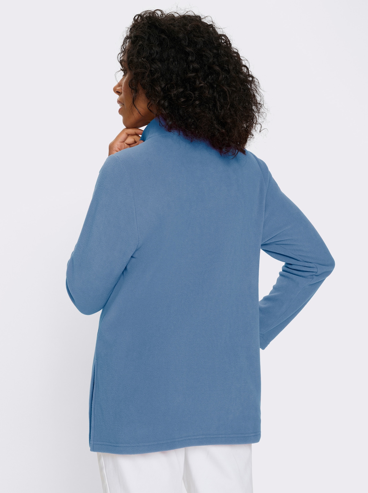 Fleeceshirt in Longform mit Stehkragen - mittelblau