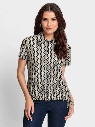 Schlupfbluse mit Tunnelzug und Bindeband am Saum - sand-schwarz-bedruckt