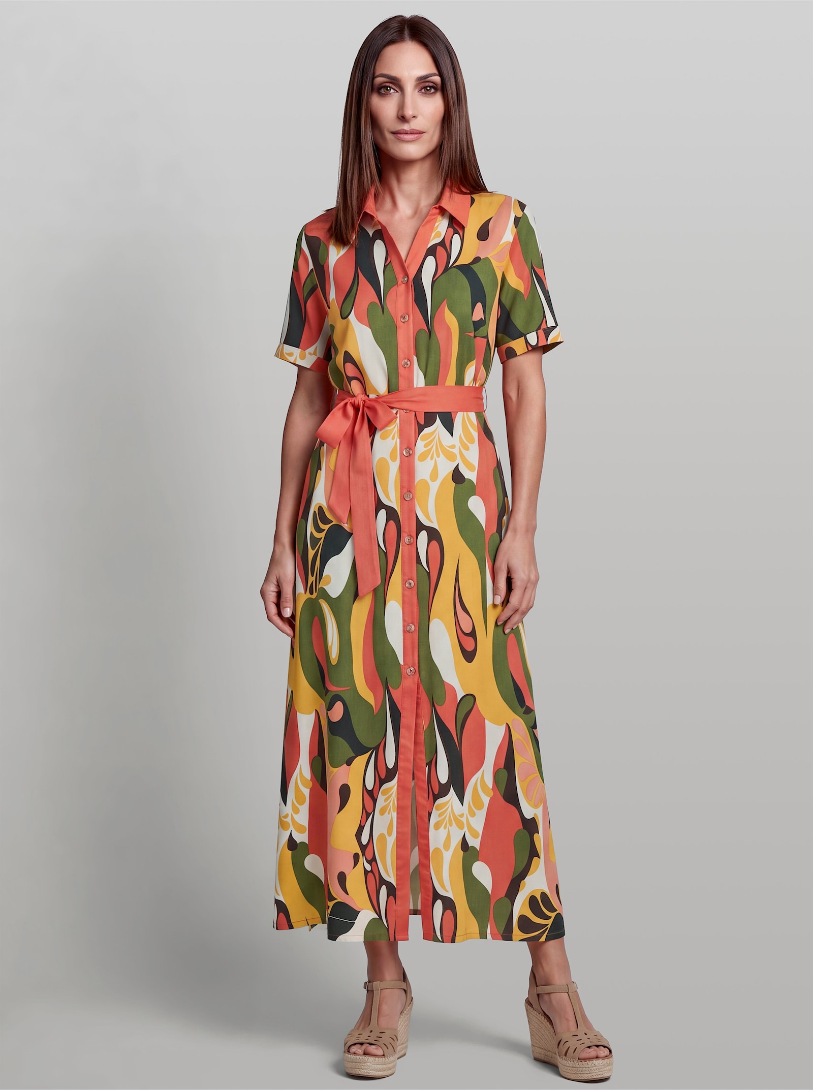heine Druckkleid mit Bindegürtel - papaya-schoko-bedruckt