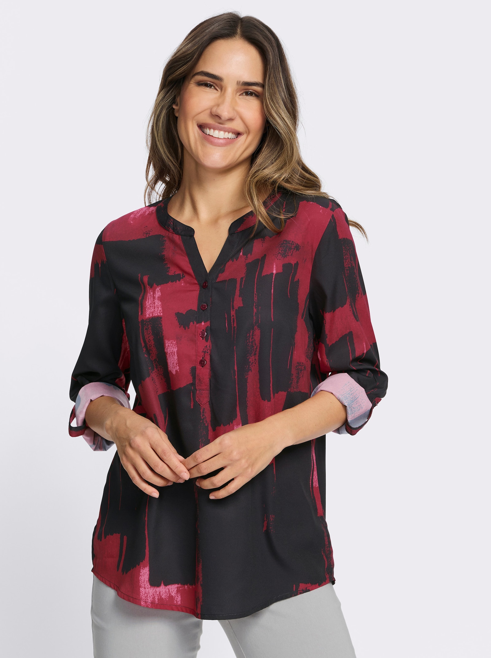 Schlupfbluse im grafischen Dessin - schwarz-rot-bedruckt