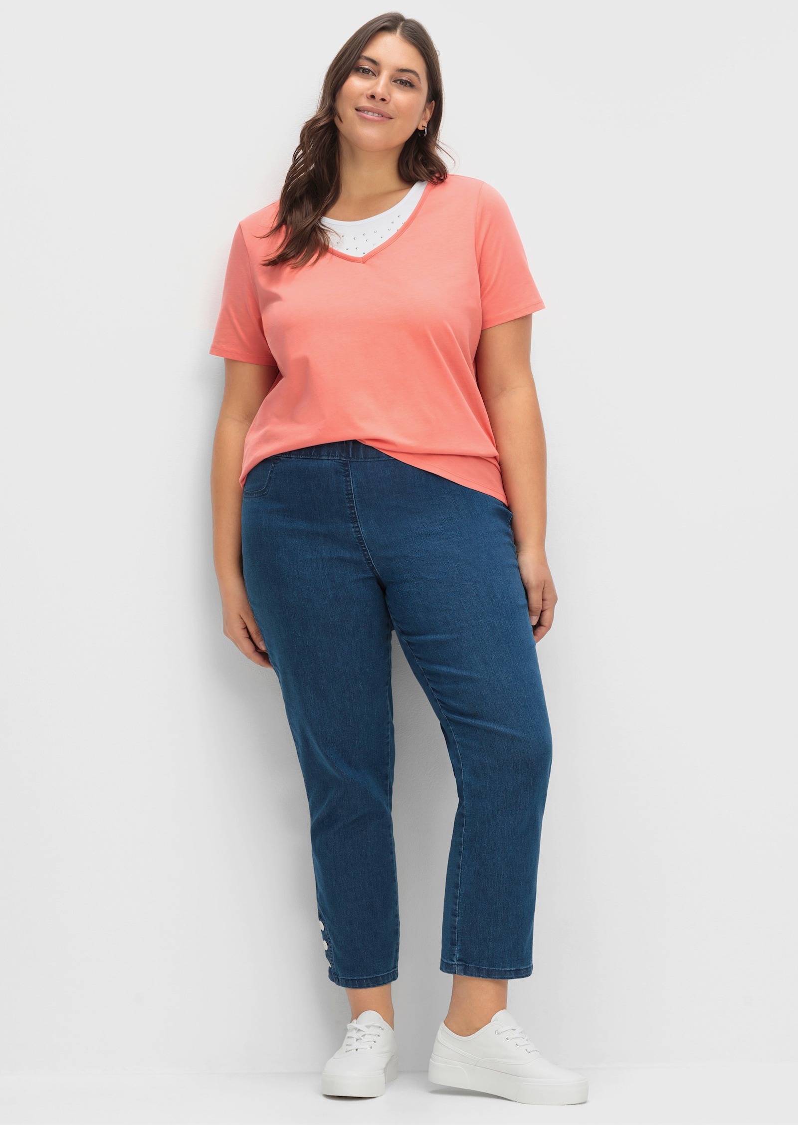 Kurzarmshirt mit Ziersteinchen - koralle