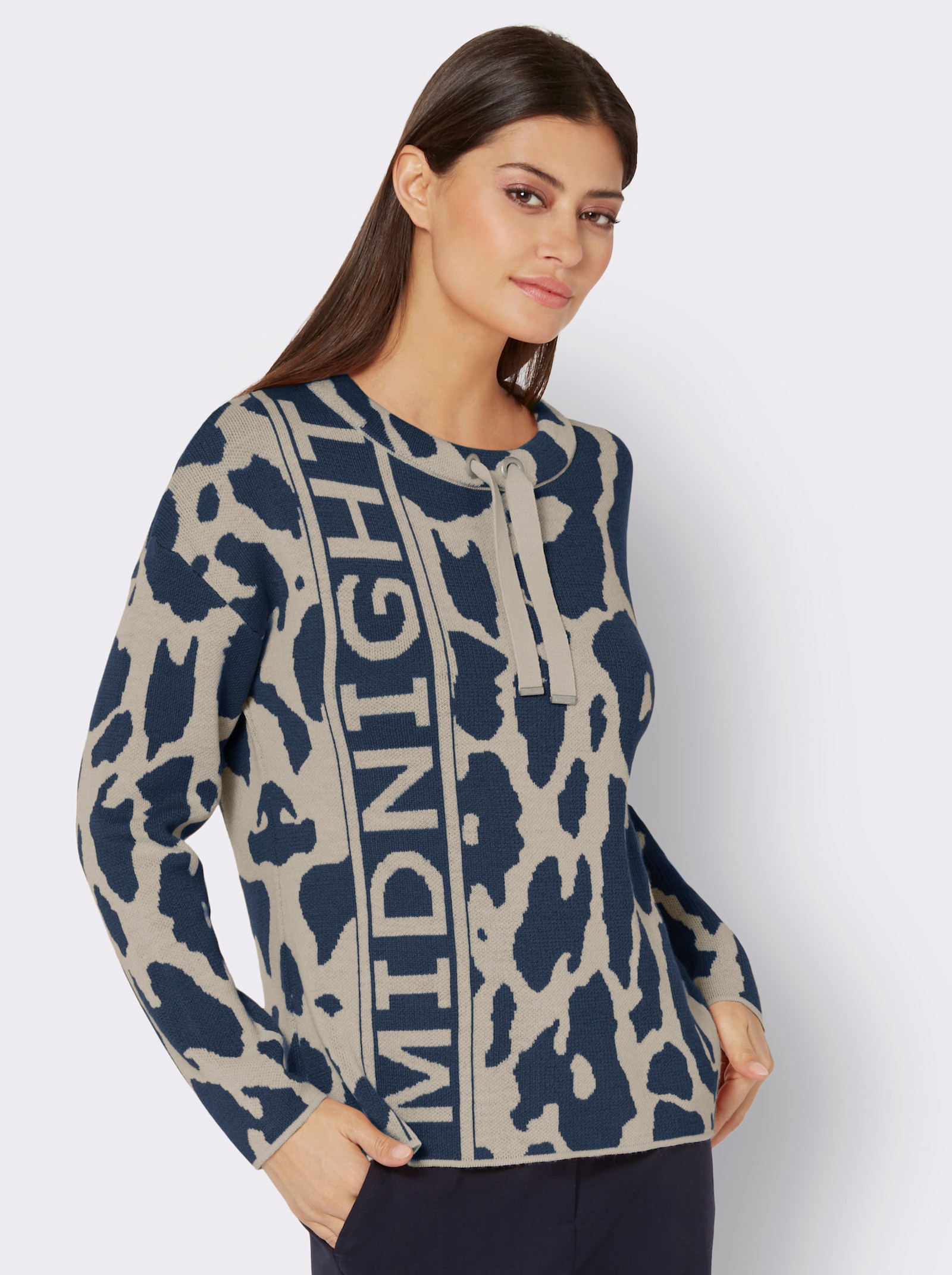 Jacquard-Pullover mit halsfernem Stehkragen - dunkelblau-sand