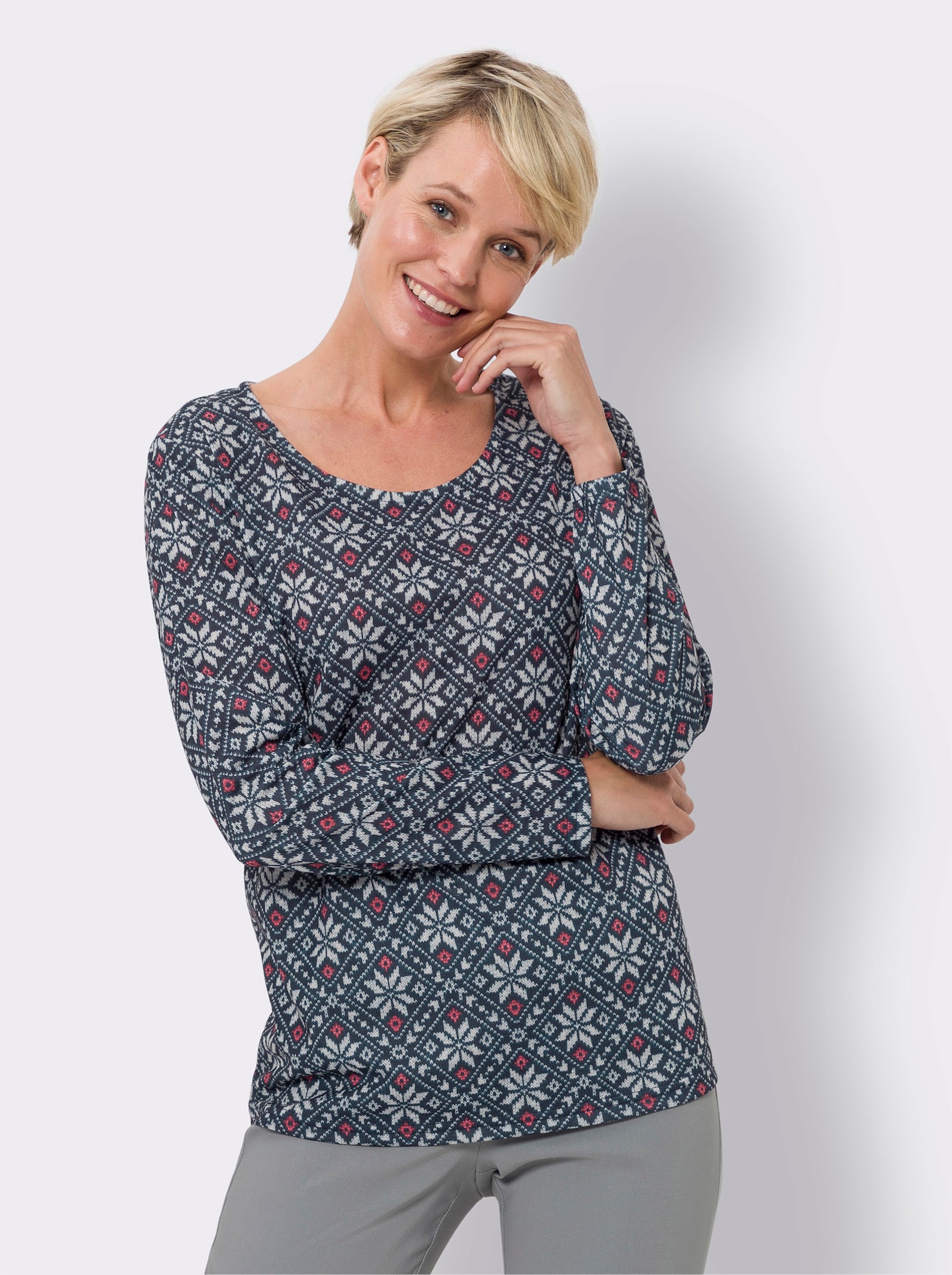 Langarmshirt mit Norweger-Muster - dunkelblau-hellgrau-bedruckt