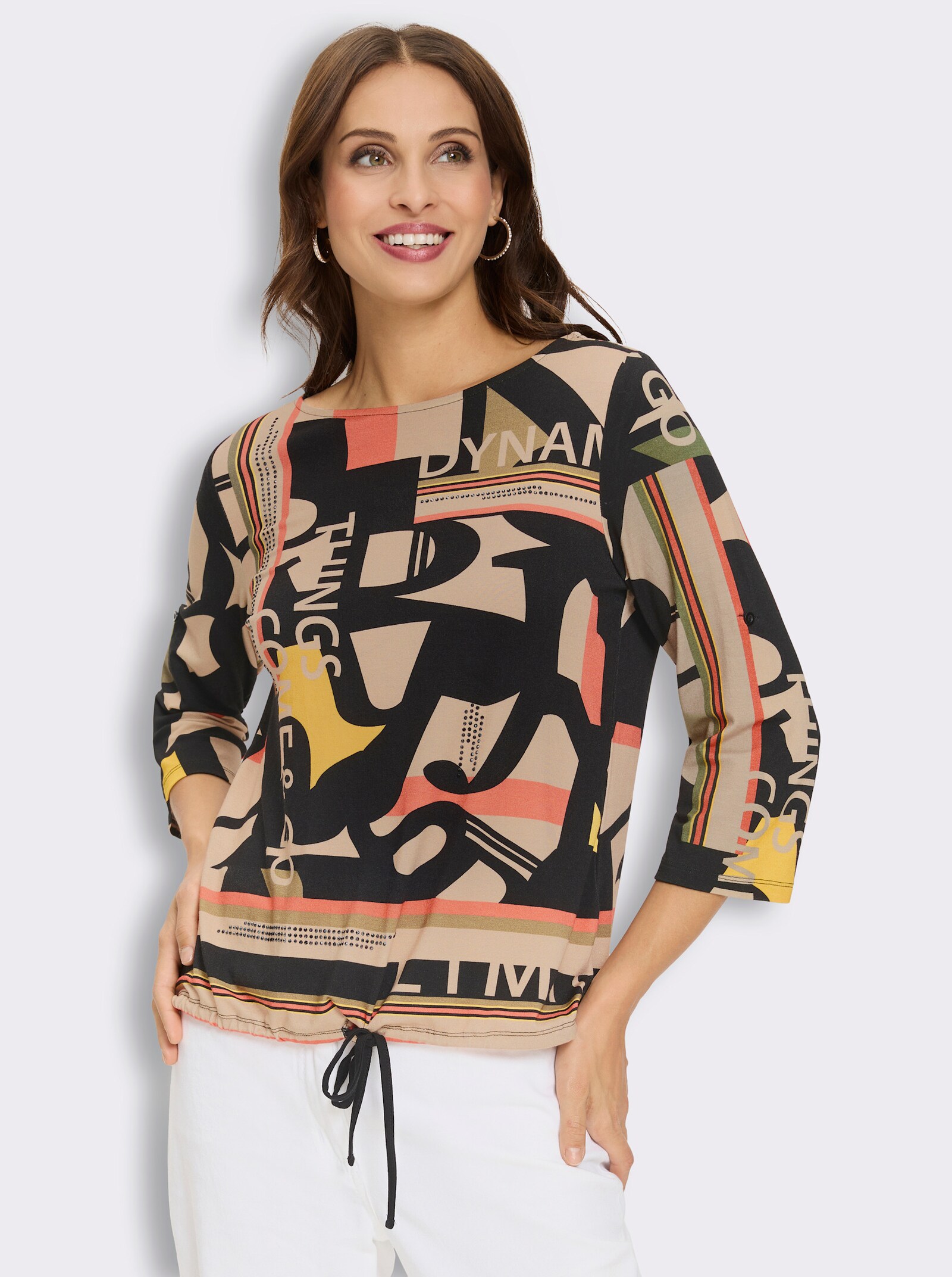 Print-Shirt mit Krempelärmeln - schwarz-sand-bedruckt