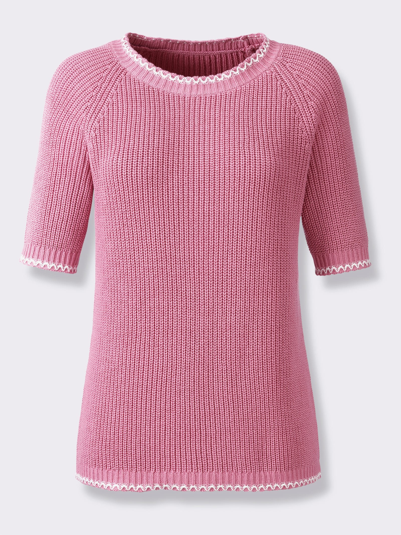 Kurzarmpullover mit Kontrast-Zierstichen - altrosa-ecru-gemustert