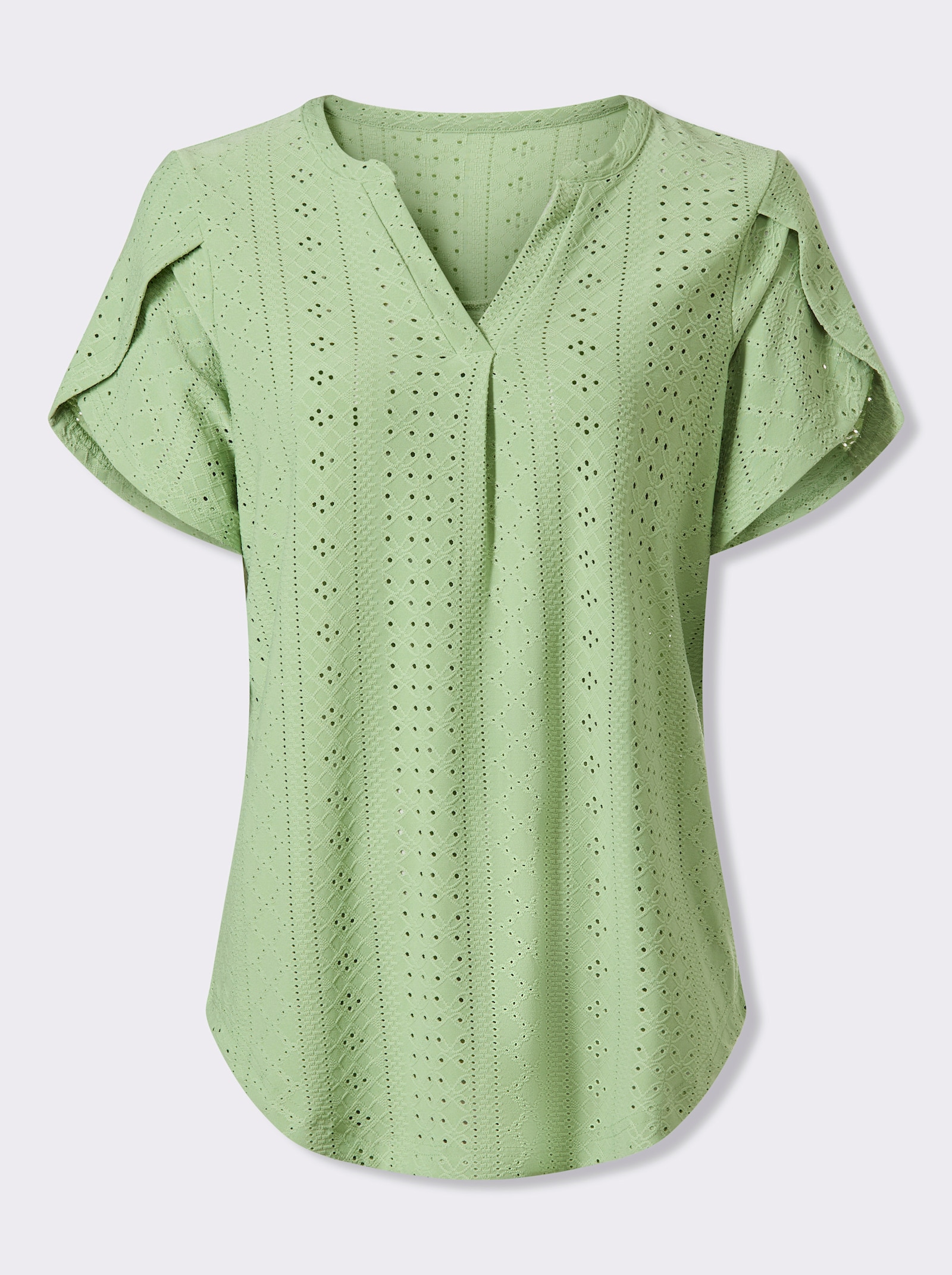 Kurzarmshirt mit Lochstickerei allover - eucalyptus