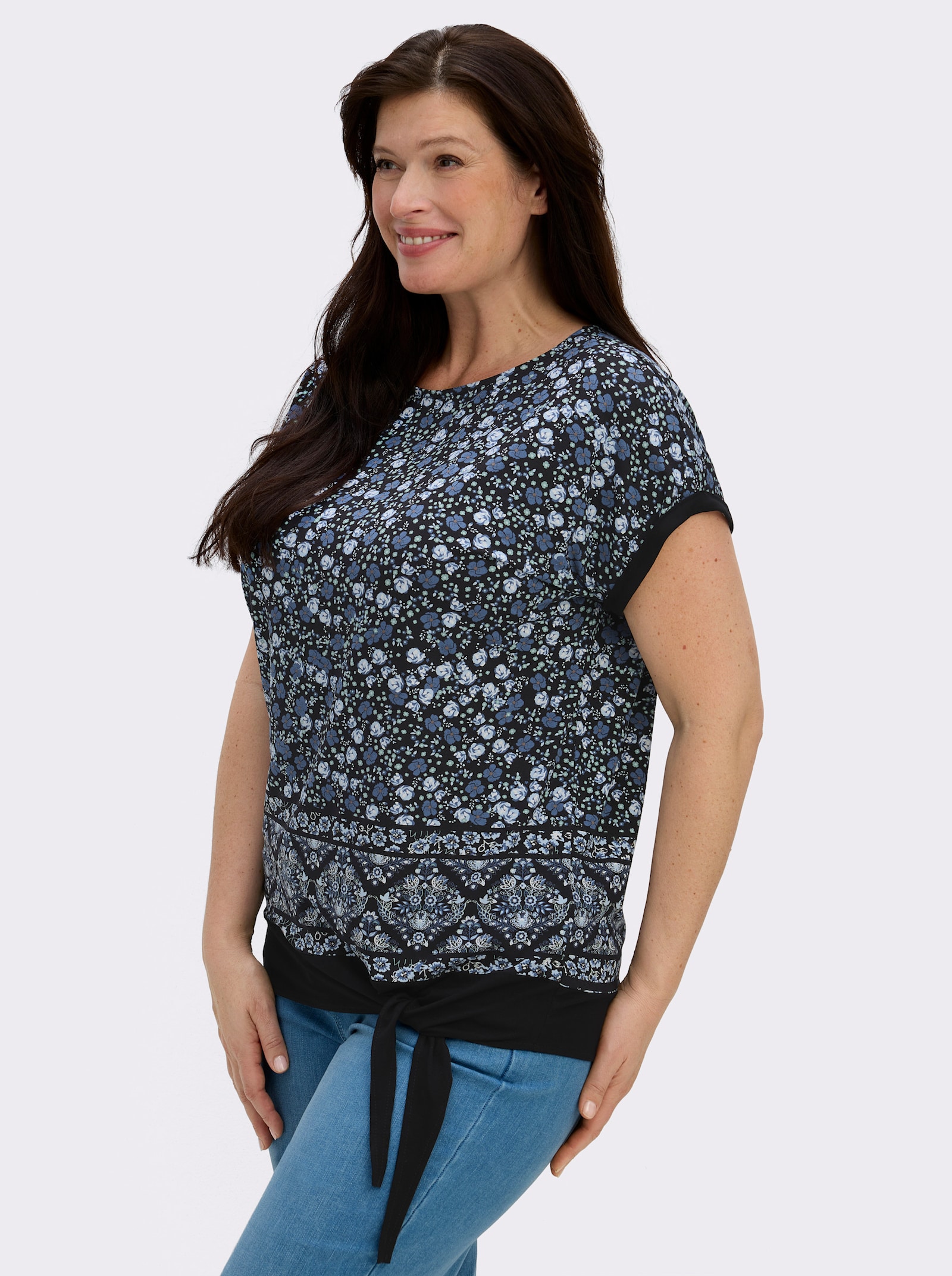 Kurzarmshirt mit Bindeband am Saum - jeansblau-schwarz-bedruckt