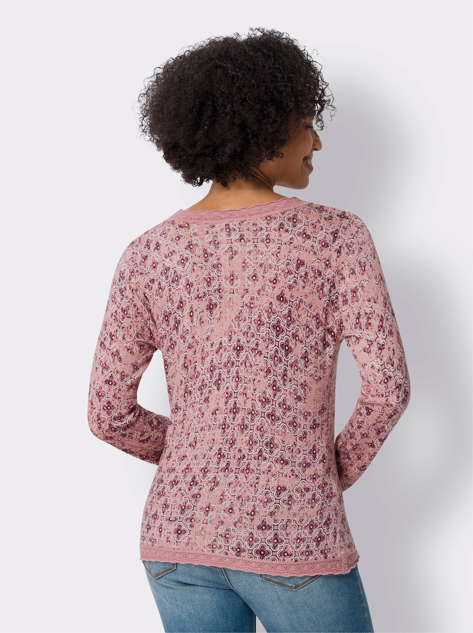 heine Langarm-Pullover mit Ajour-Borte - rosenquarz-champagner-bedruckt