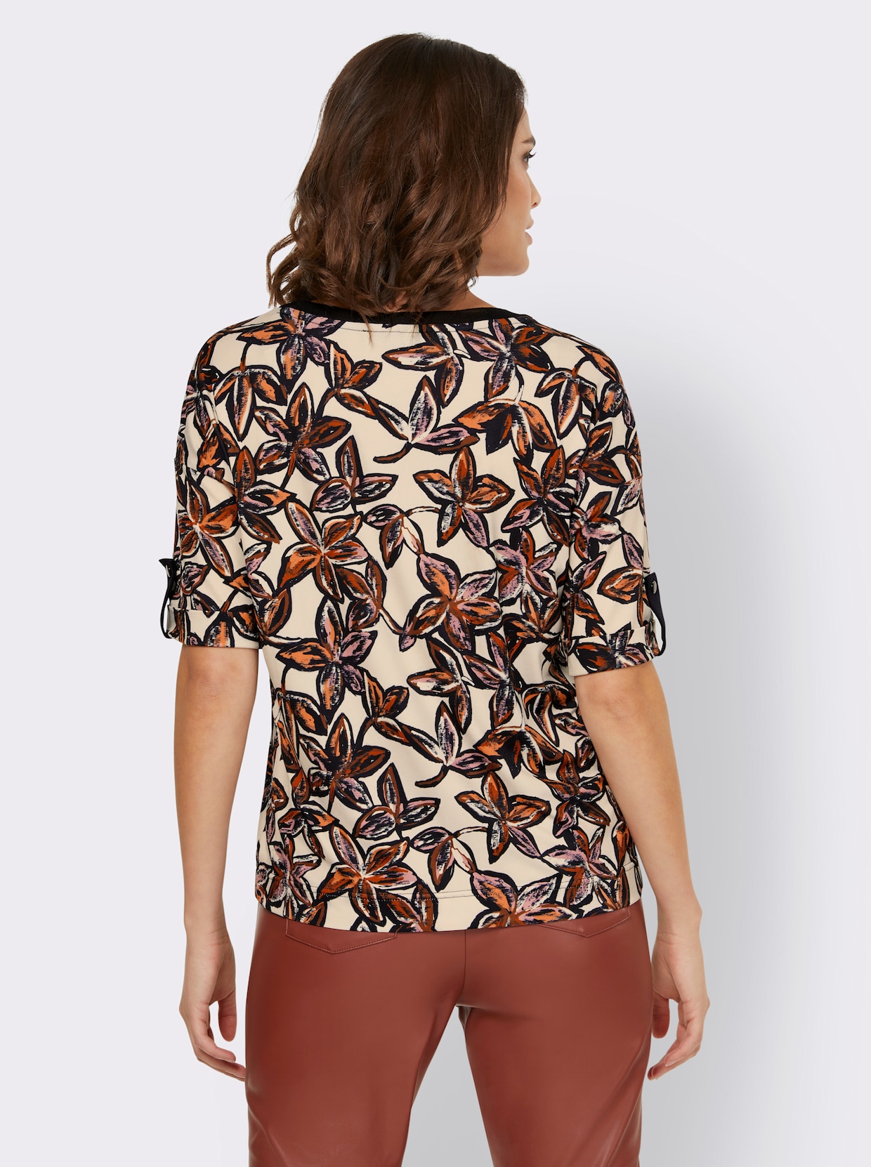 heine Shirt met ronde hals - ecru/roodbruin gedessineerd