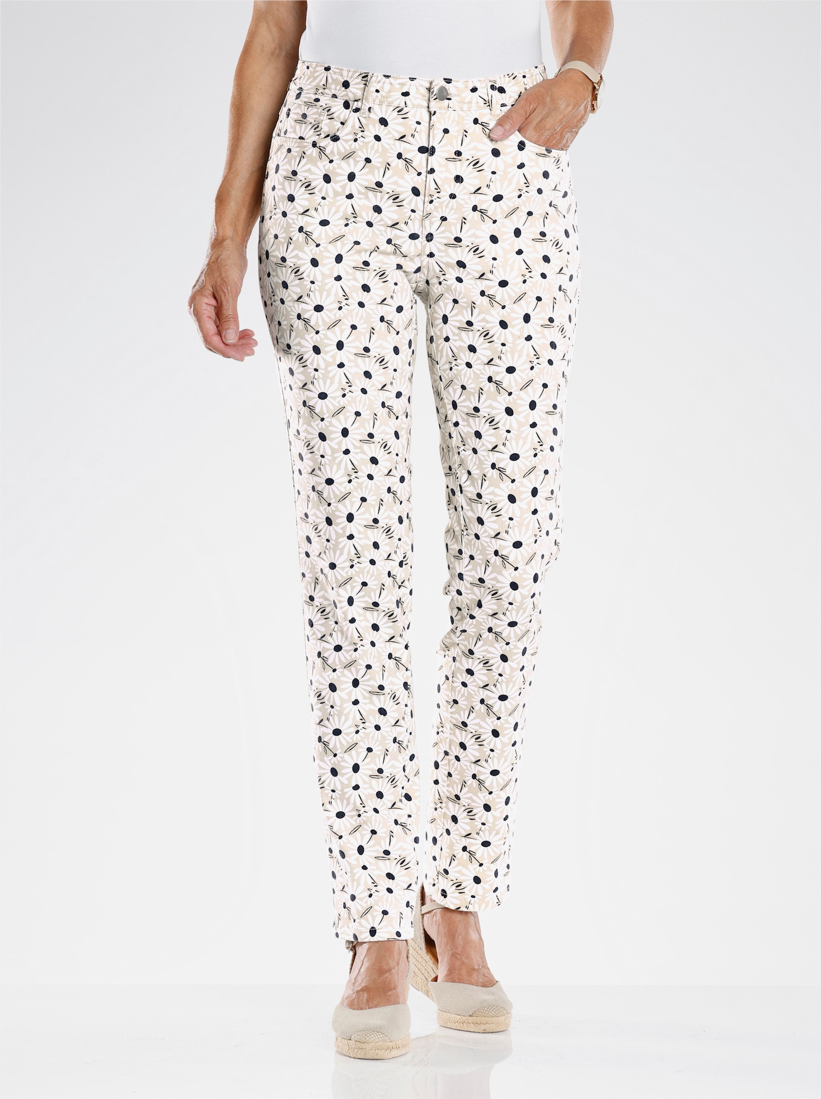 Stretchbroek met bloemenprint - zand/donkerblauw bedrukt