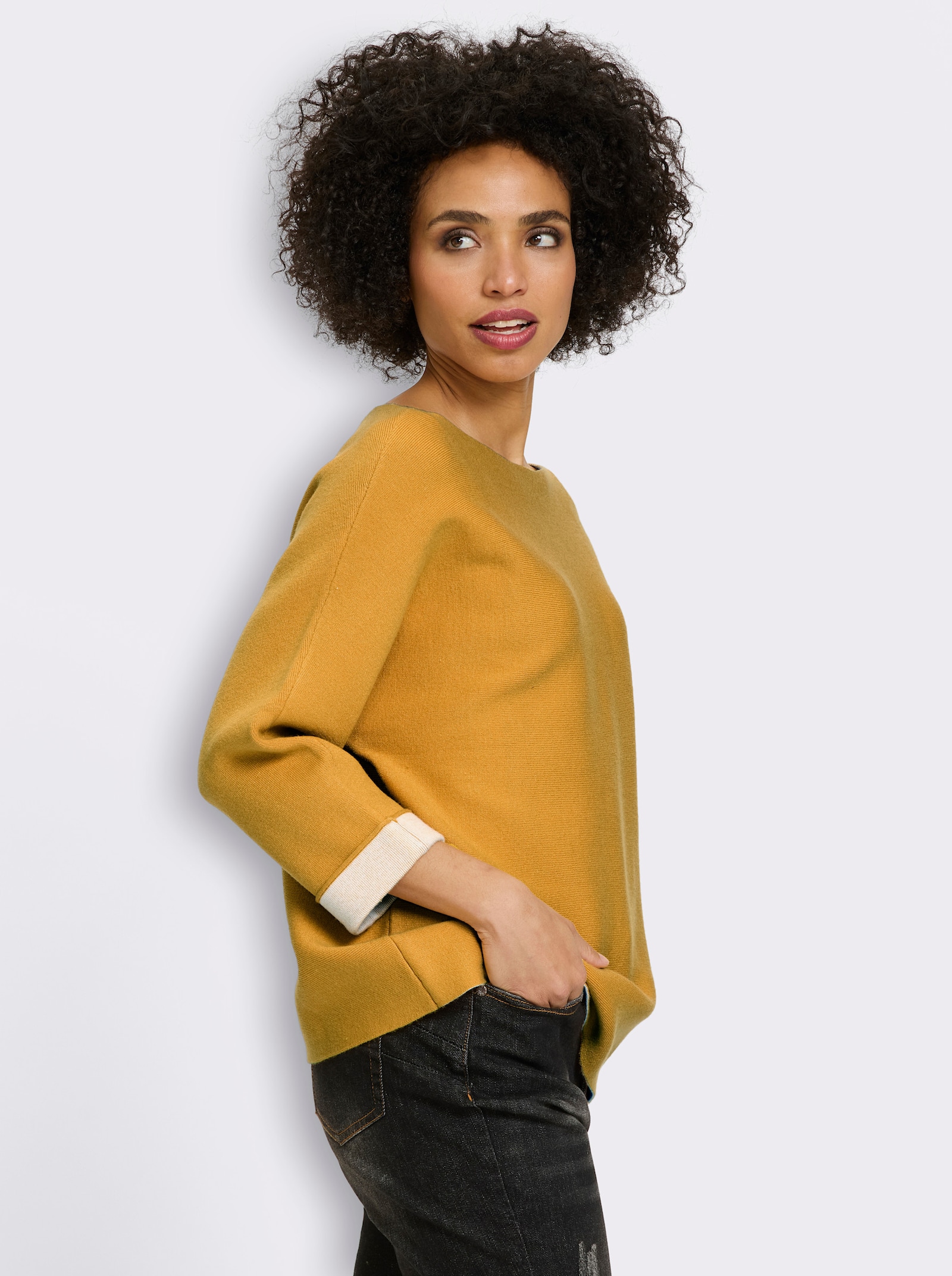 heine Feinstrickpullover mit Kontrast-Details - ocker