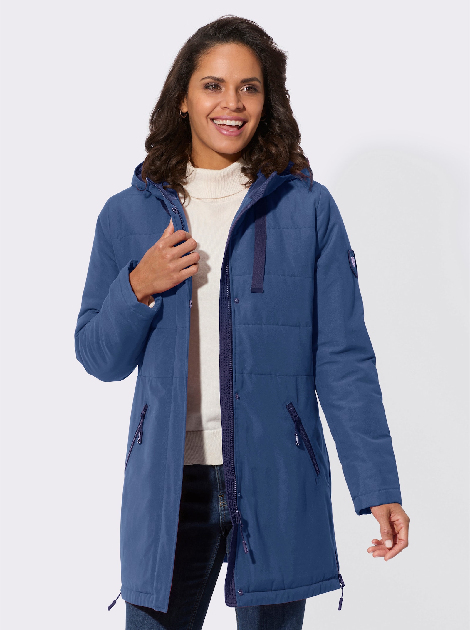 Longjacke mit Kontrast-Futter - jeansblau