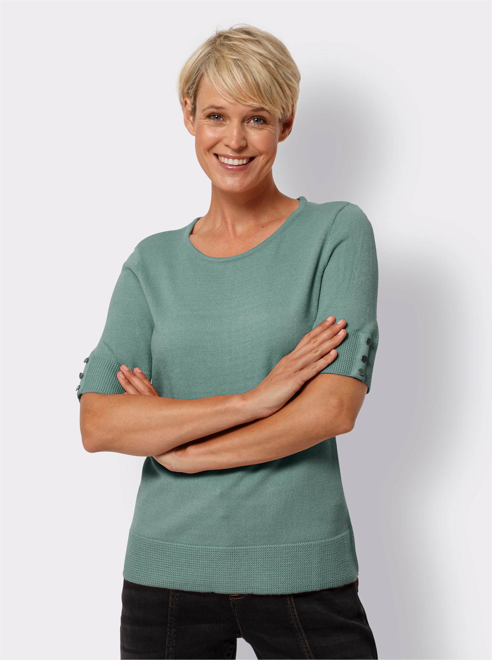 Pullover met korte mouwen met sierknopen - salie